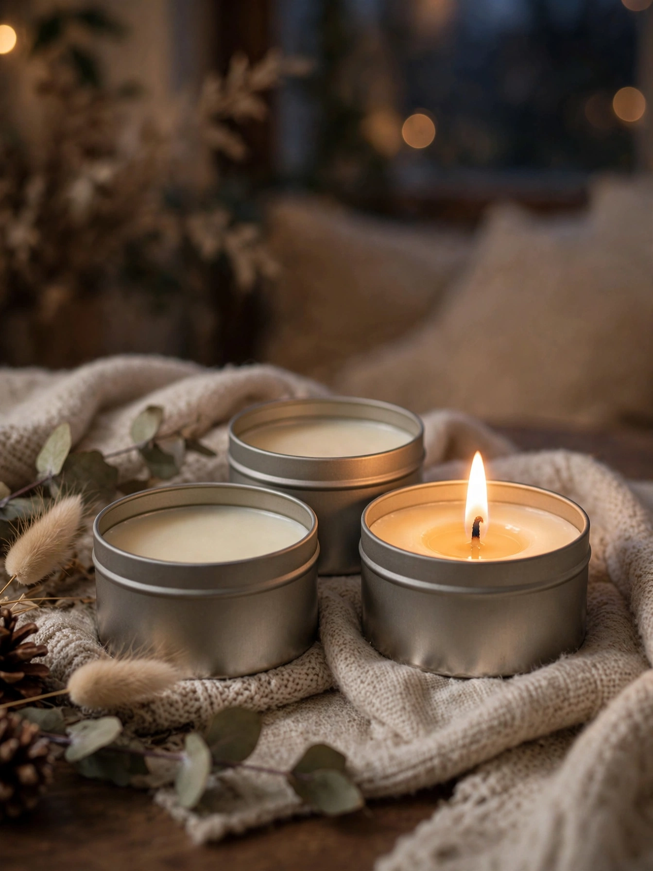 Set of soy scented candles in tins with a warm glow, Christmas gift idea