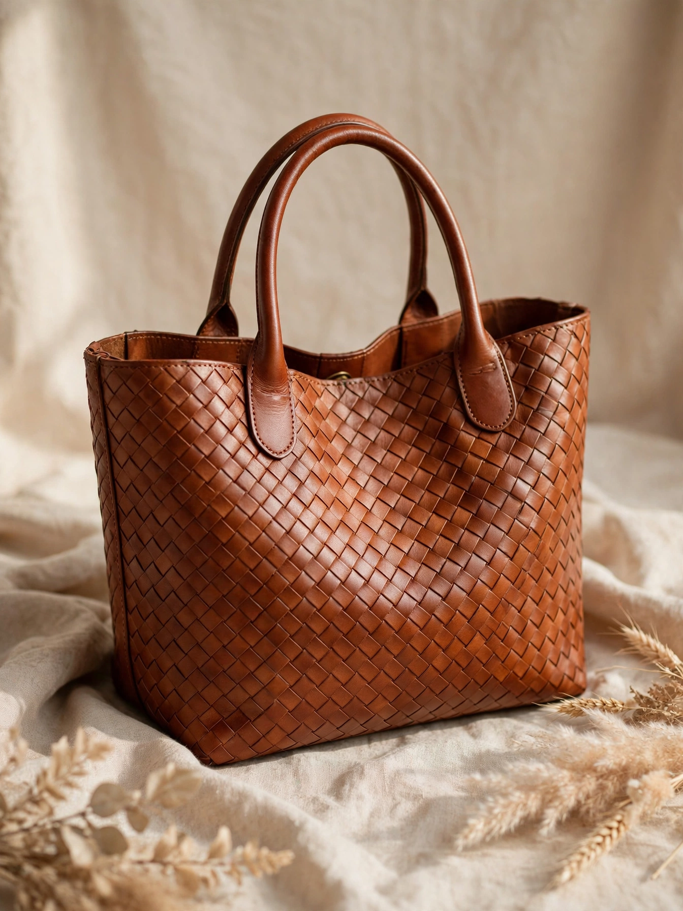 Elegant cognac woven leather tote bag, a stylish Christmas gift for women