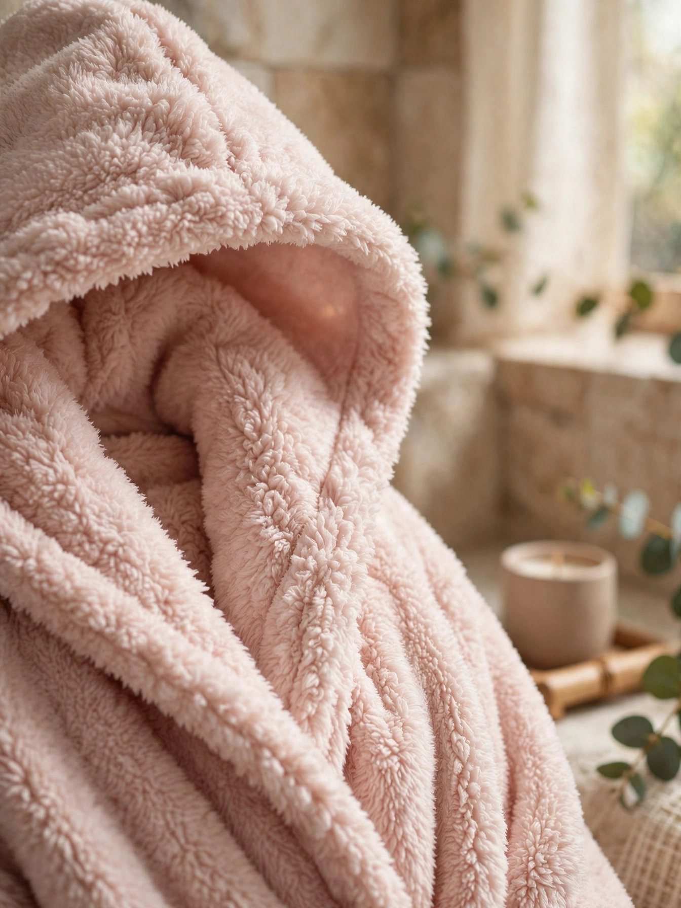 Soft plush hooded bathrobe in a warm spa-like bathroom setting