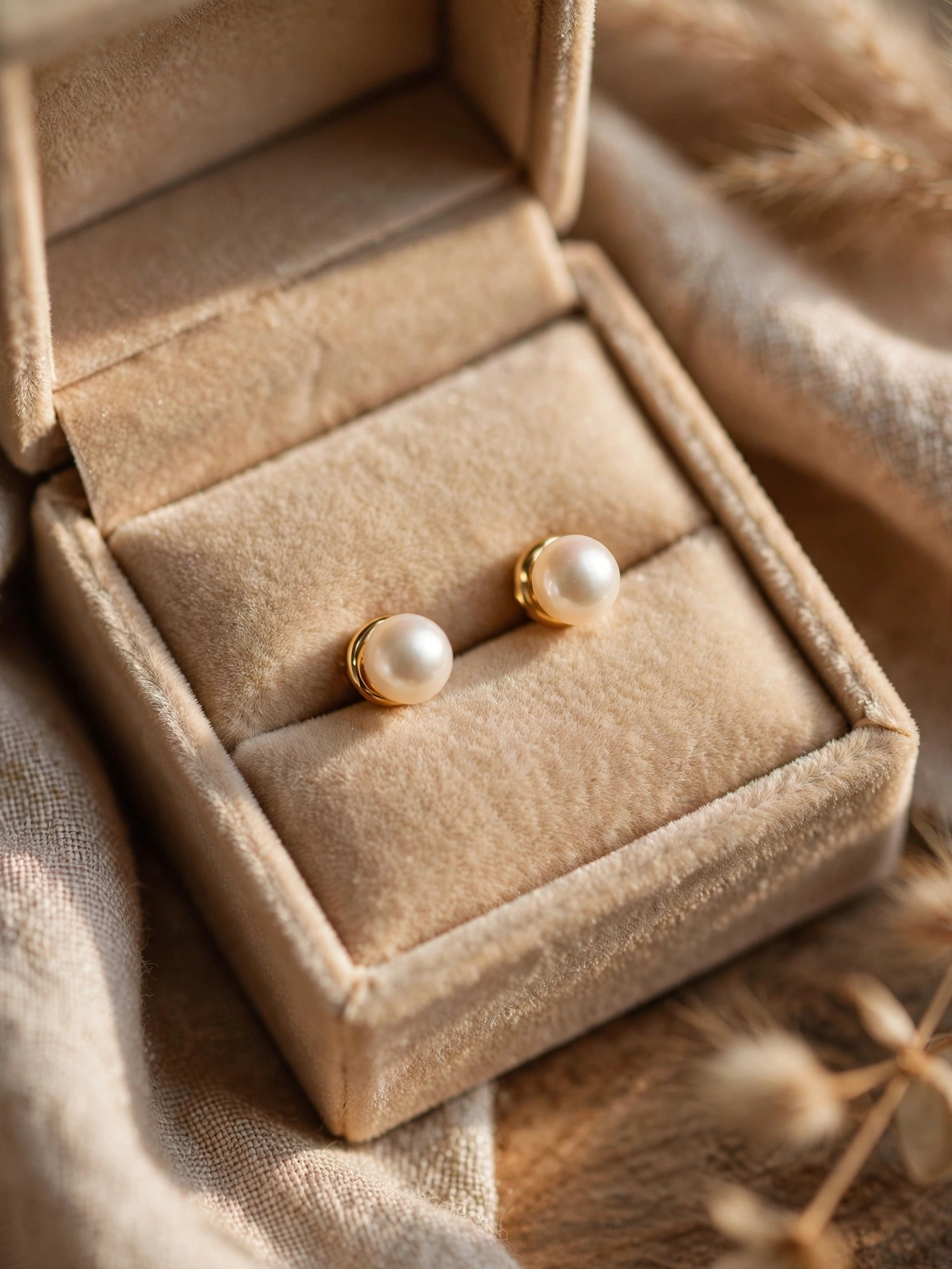 Classic pearl stud earrings in a small gift box, timeless jewelry gift