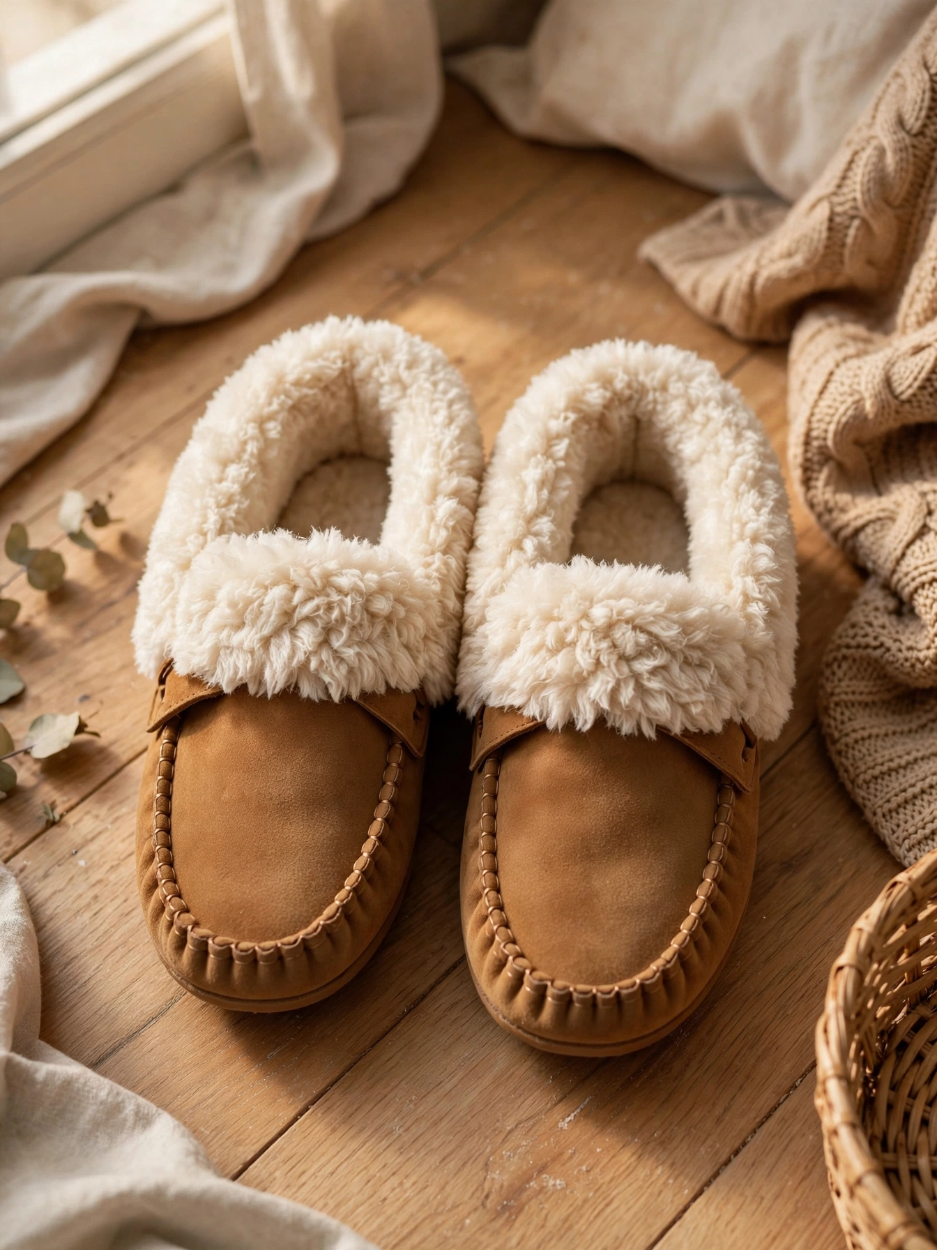 Cozy women's moccasin slippers with faux fur collar on a bedroom floor