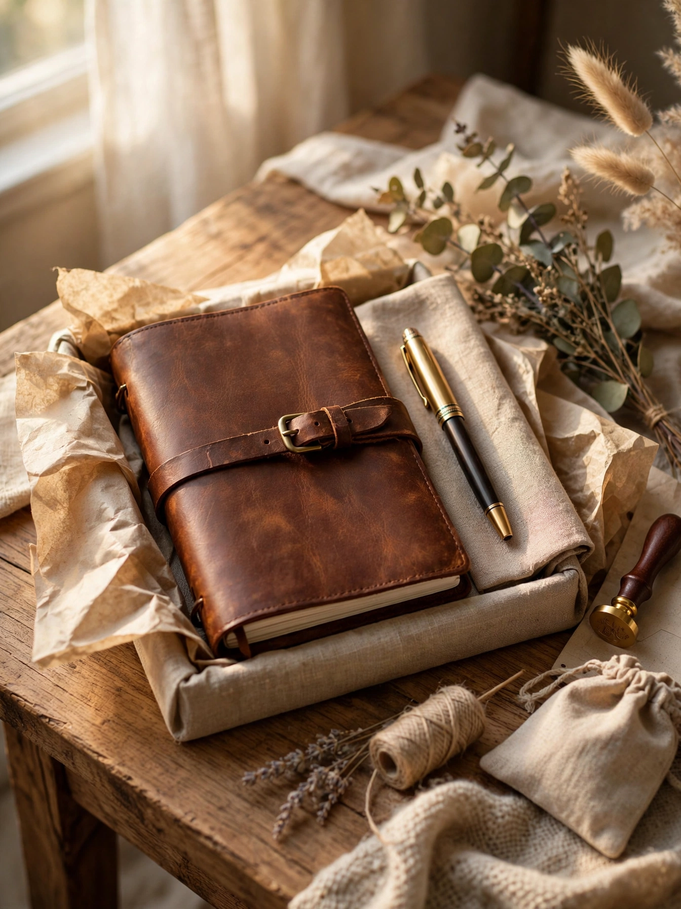 Leather-bound journal gift set with pen on a wooden desk in warm light
