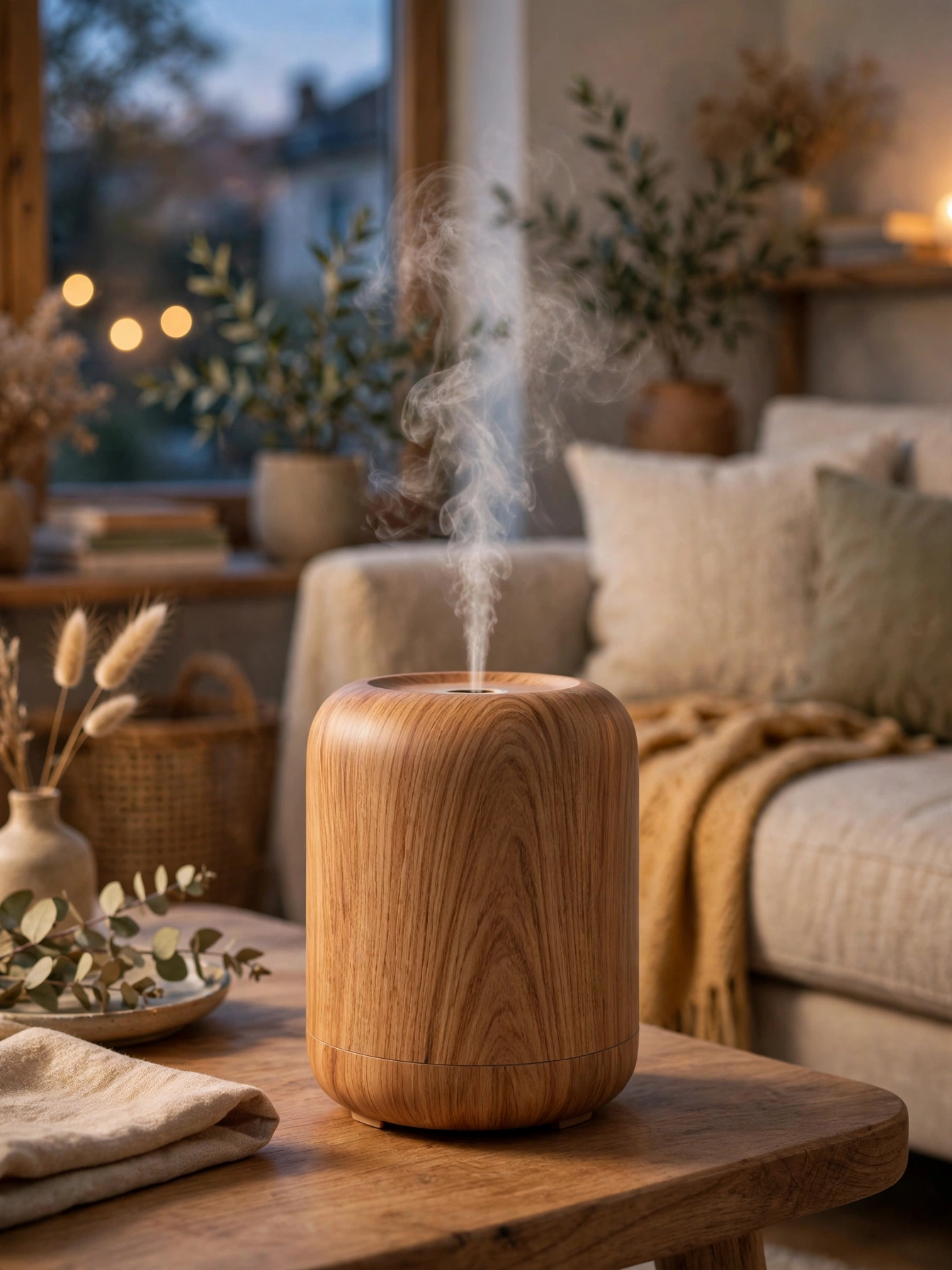 Essential oil diffuser with gentle mist in a calm living room at dusk