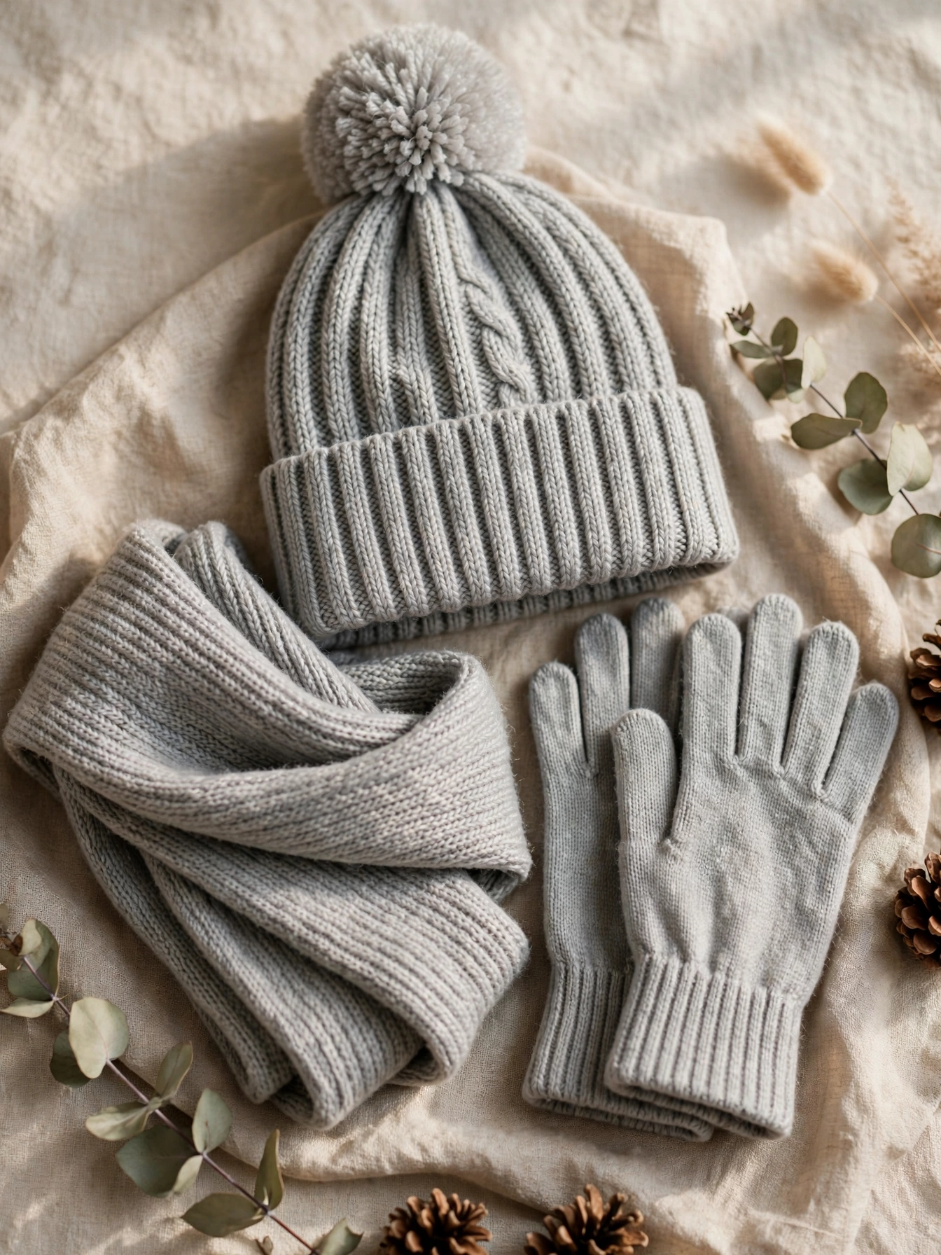 Matching winter set of knit beanie, scarf and gloves in soft grey