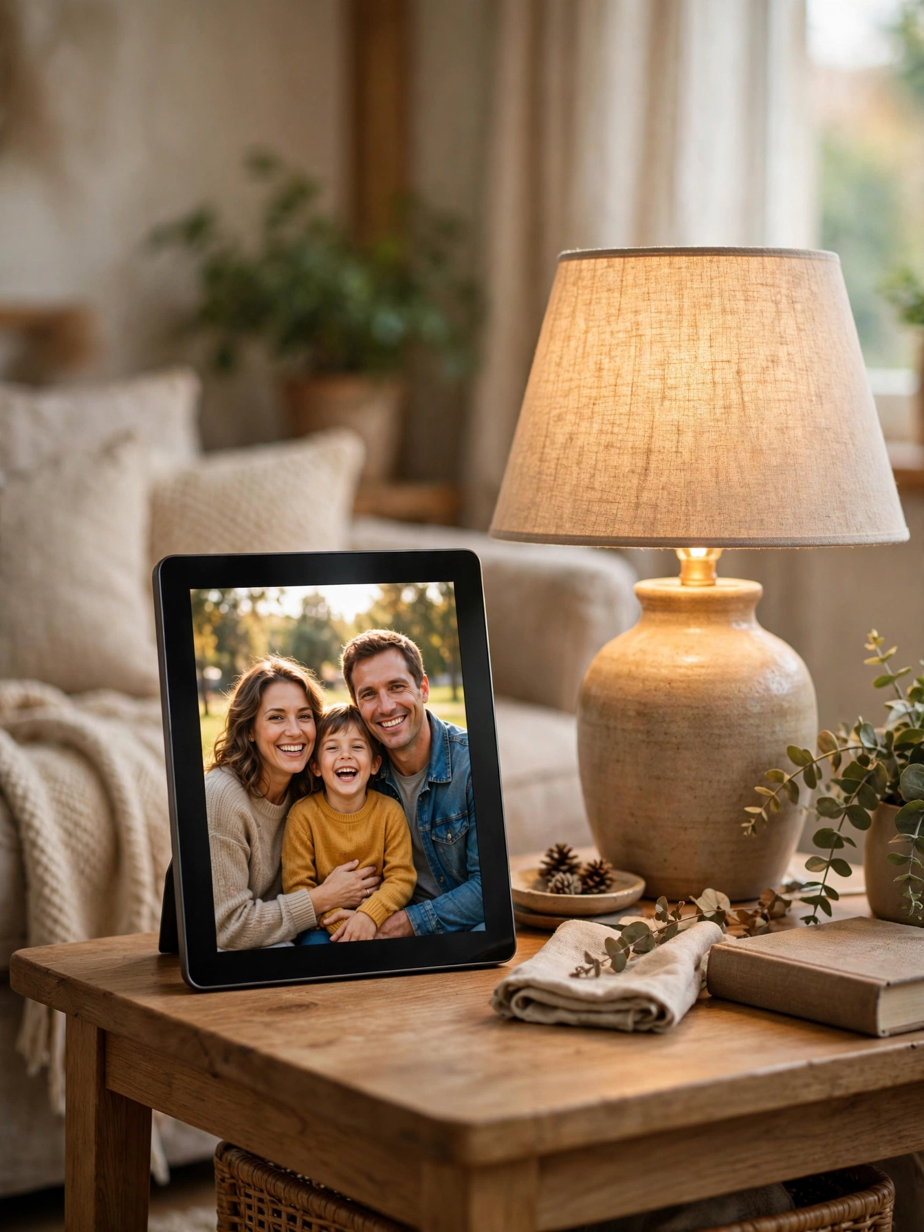 Digital photo frame showing family photos on a side table with lamp light