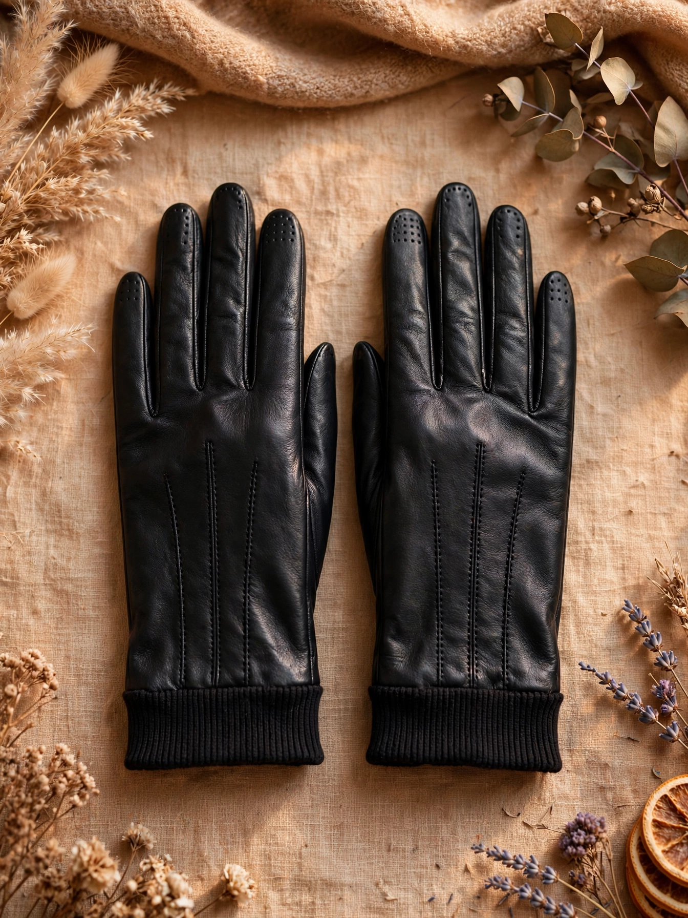 Elegant black leather touchscreen gloves for women, winter gift idea