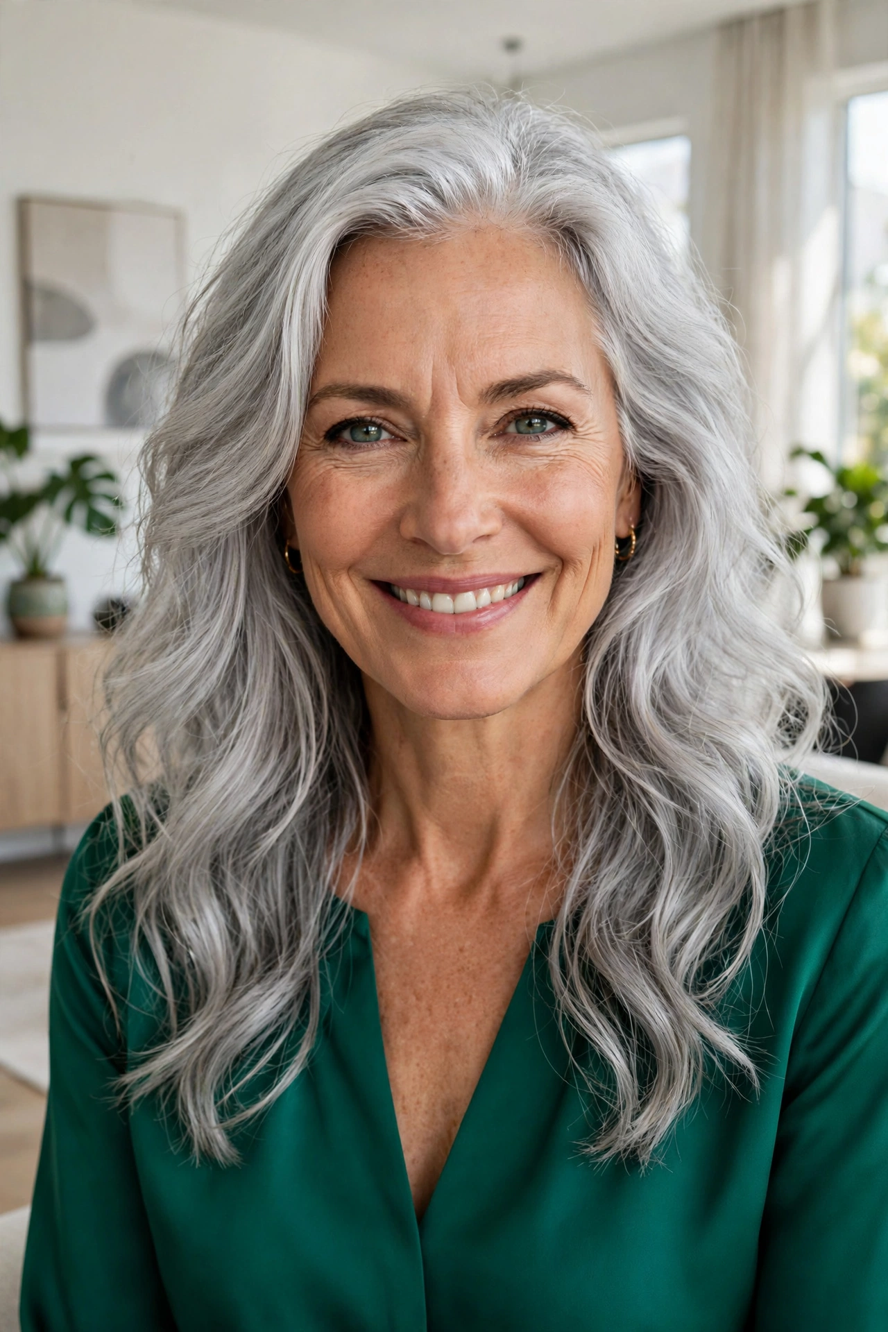 Confident woman in her late 50s with flowing silver hair in emerald top