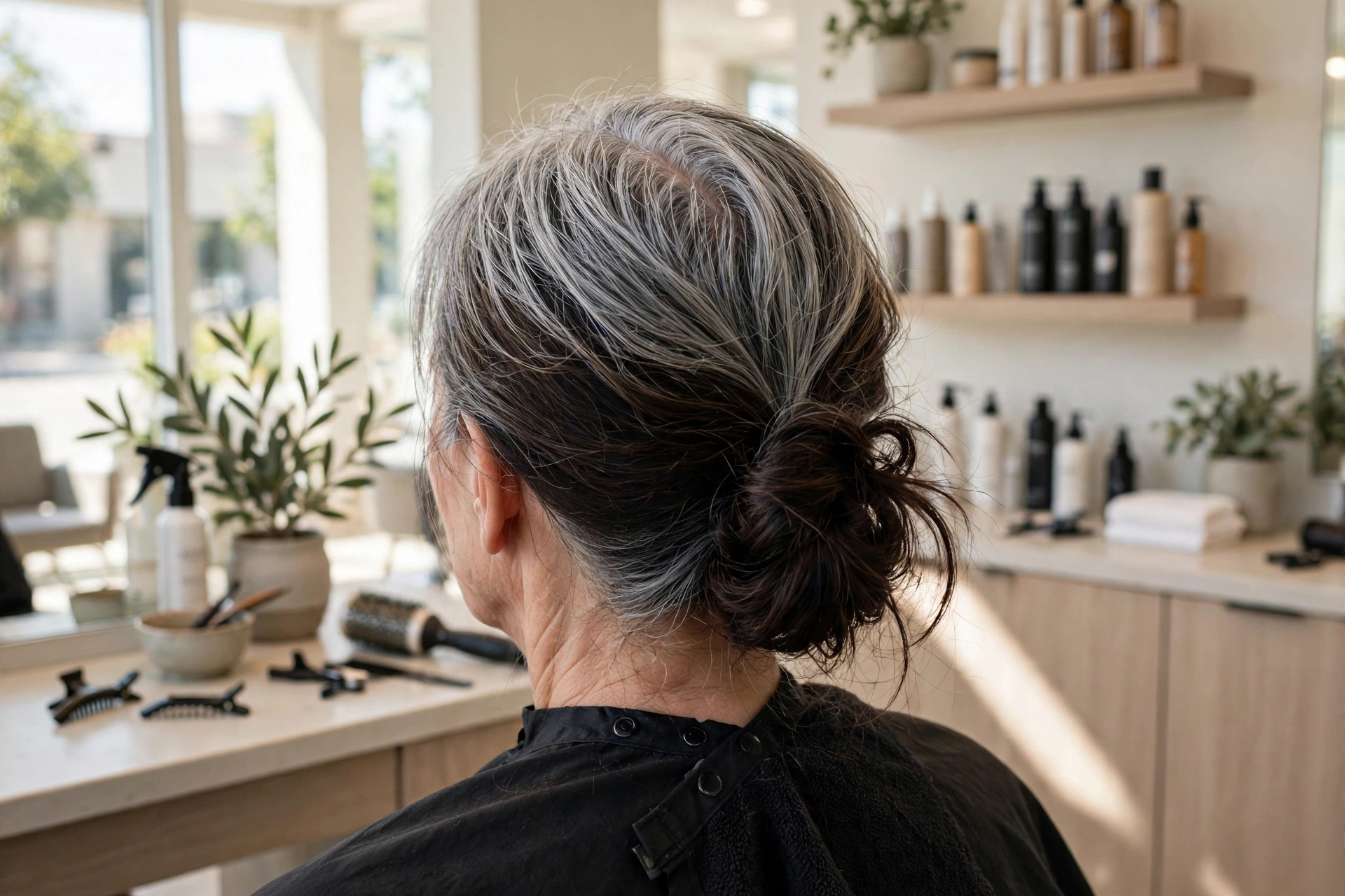 Woman's hair in transition with silver roots growing out against dyed lengths