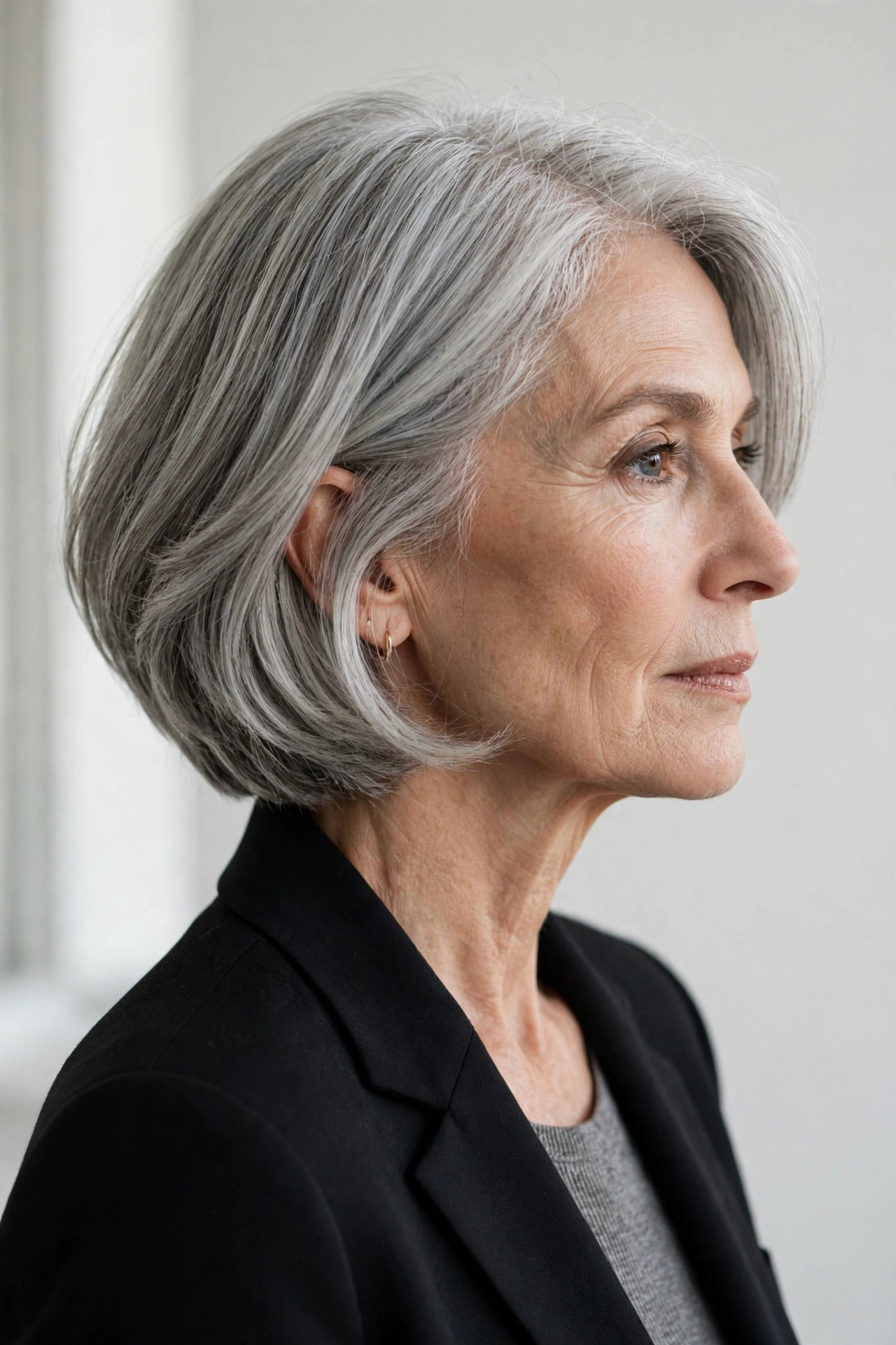Elegant woman in her 60s with a chic silver-grey bob haircut