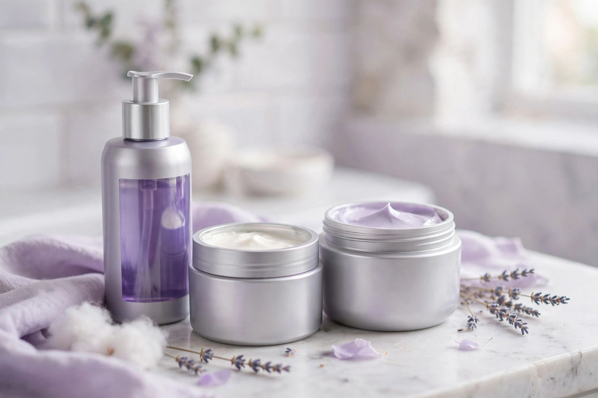 Purple shampoo and silver hair care products on a bathroom counter