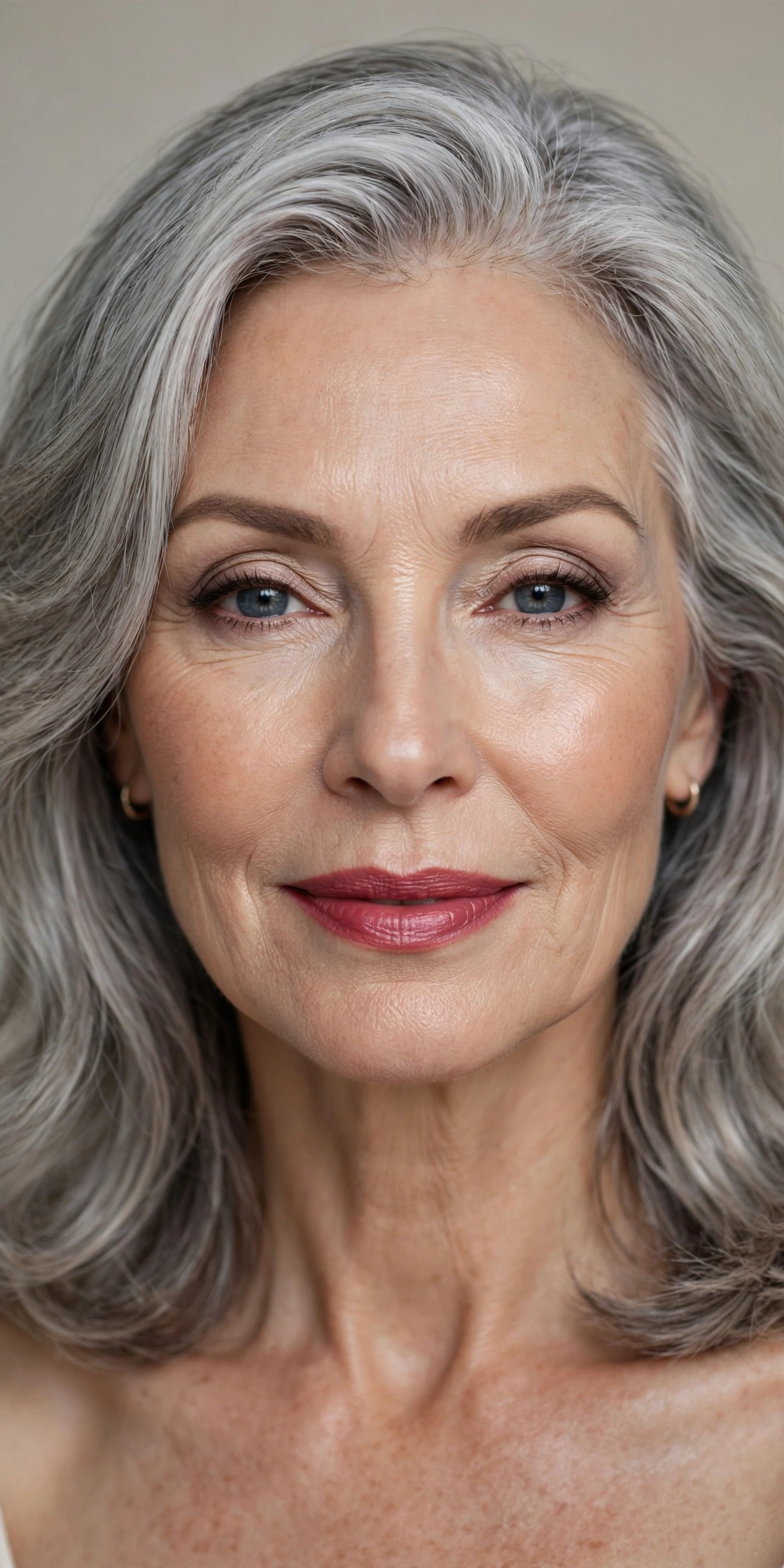 Woman in her 60s with silver hair wearing berry lipstick and defined brows