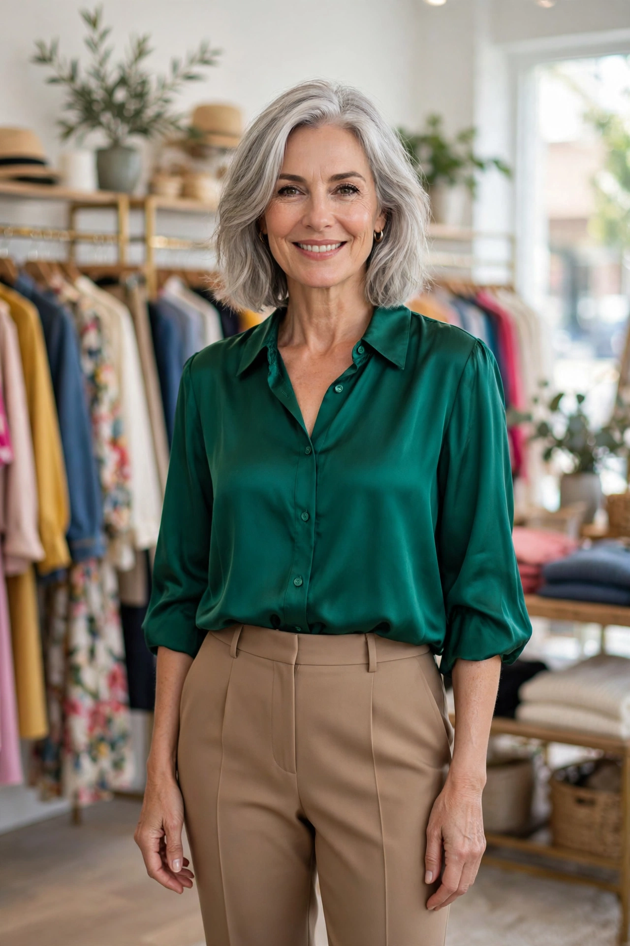 Stylish woman with silver hair in an emerald blouse in a boutique