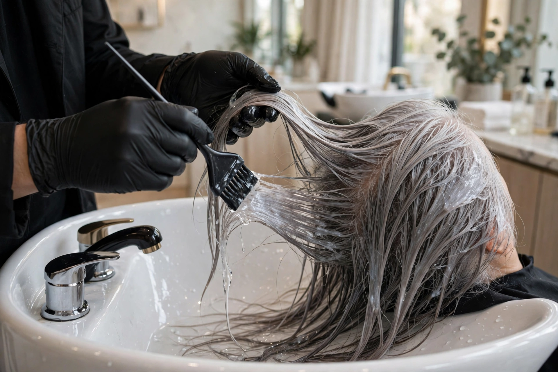 Stylist applying a gloss treatment to silver-grey hair in a salon