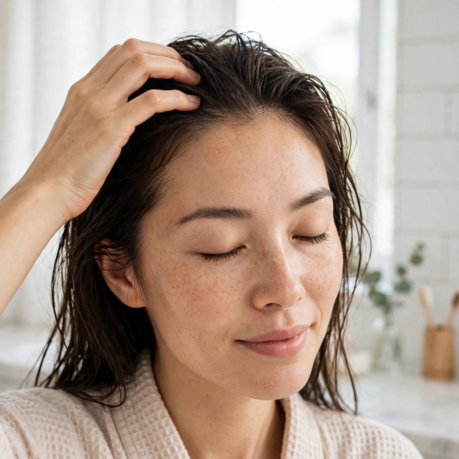 Woman gently massaging her scalp with her fingertips during a hair care routine