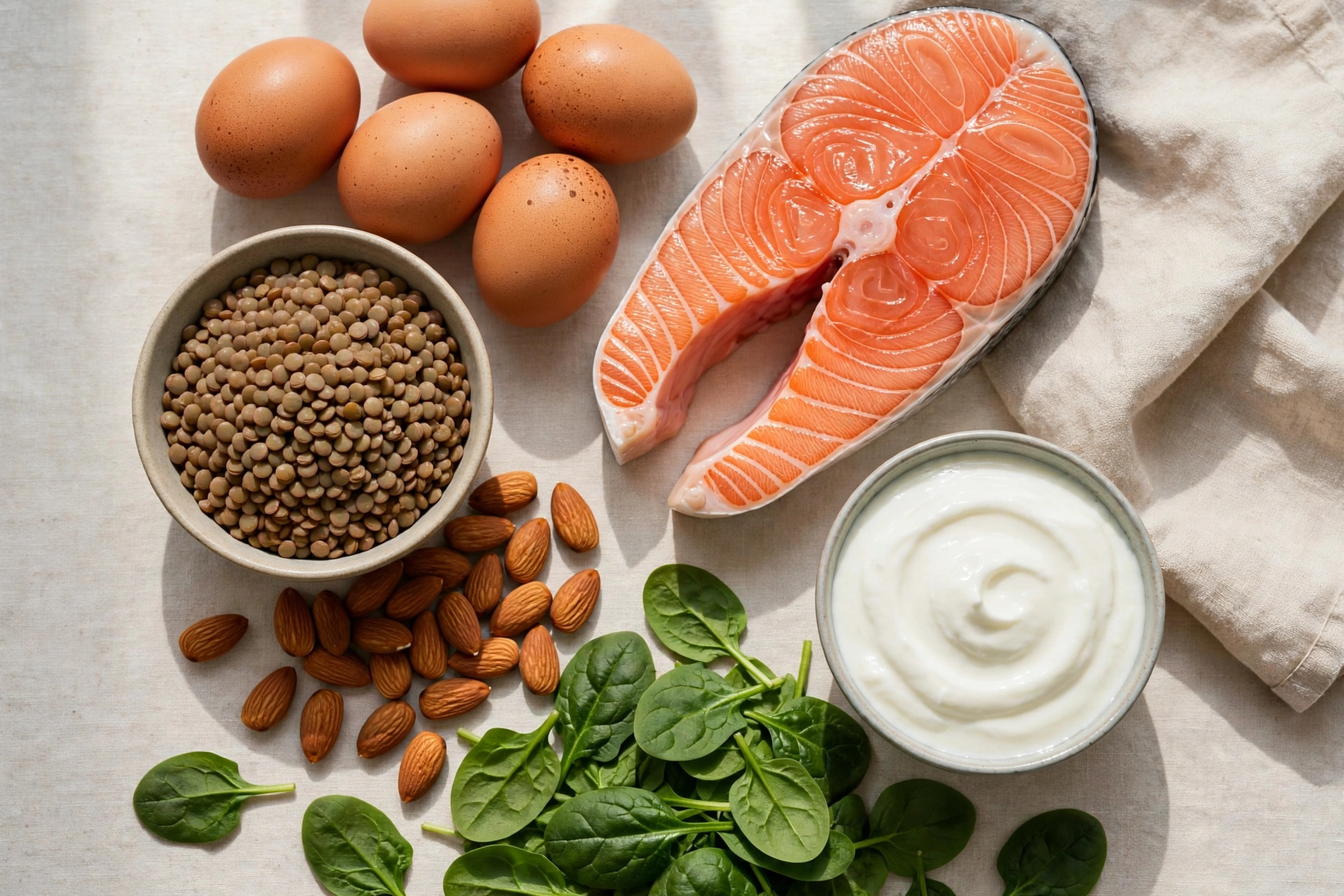 Flat lay of protein-rich foods for hair growth including eggs, salmon, lentils, nuts and spinach