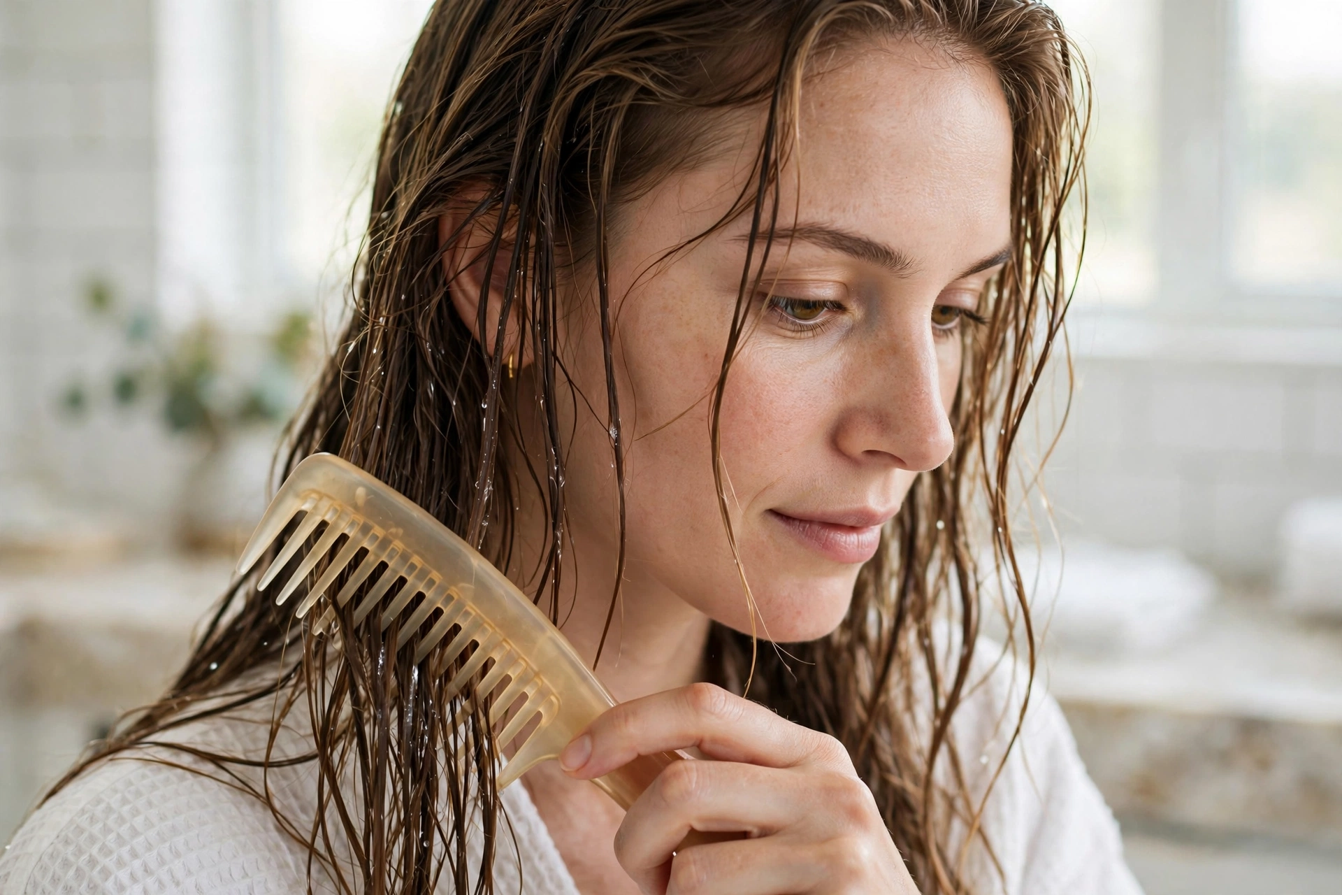 Woman gently detangling her long damp hair with a wide-tooth comb