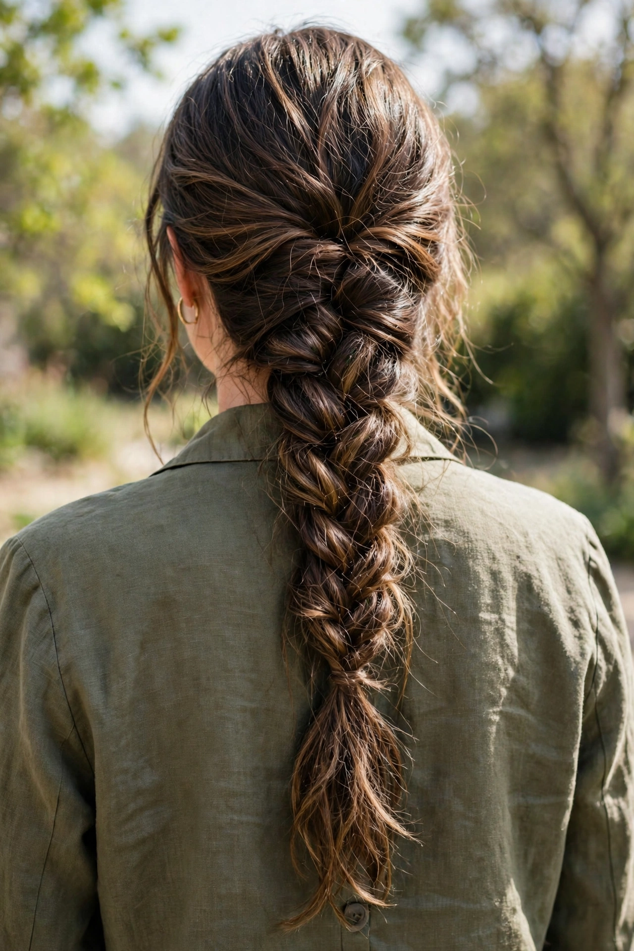 Back view of a woman with long hair in a loose protective braid