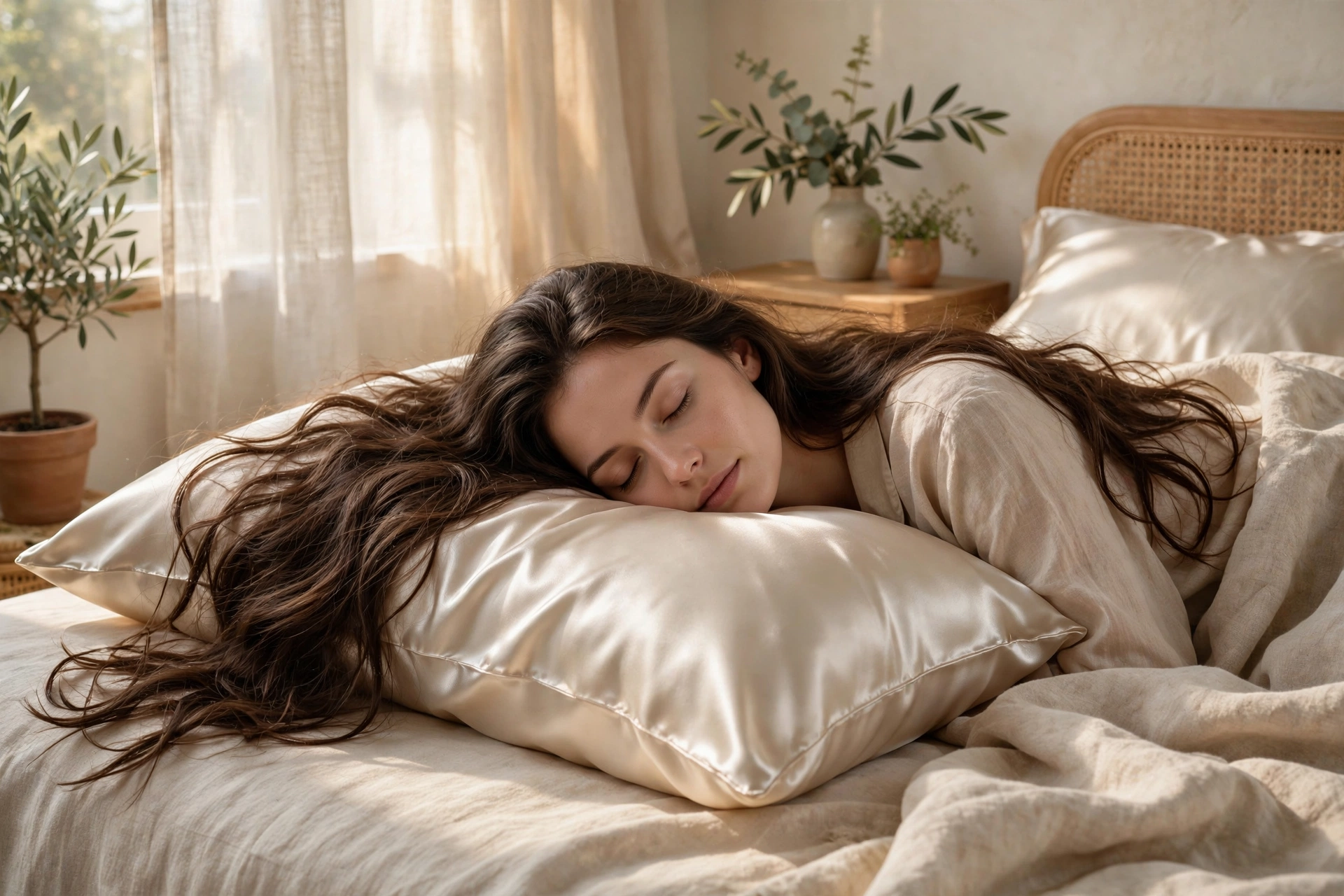 Woman with long hair sleeping peacefully on a silk pillowcase in soft morning light