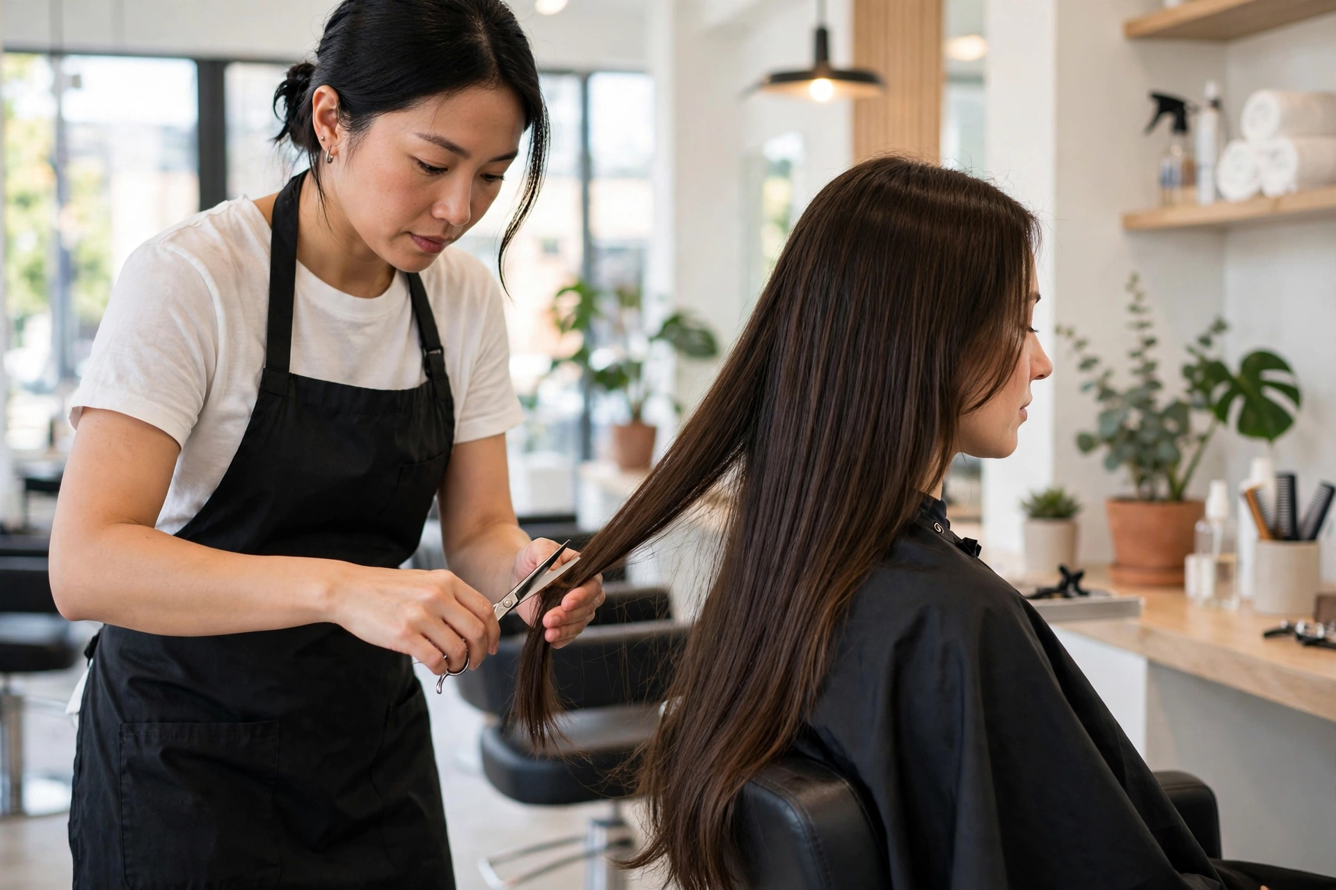 Hairstylist giving a light trim to the healthy ends of a woman's long hair in a bright salon