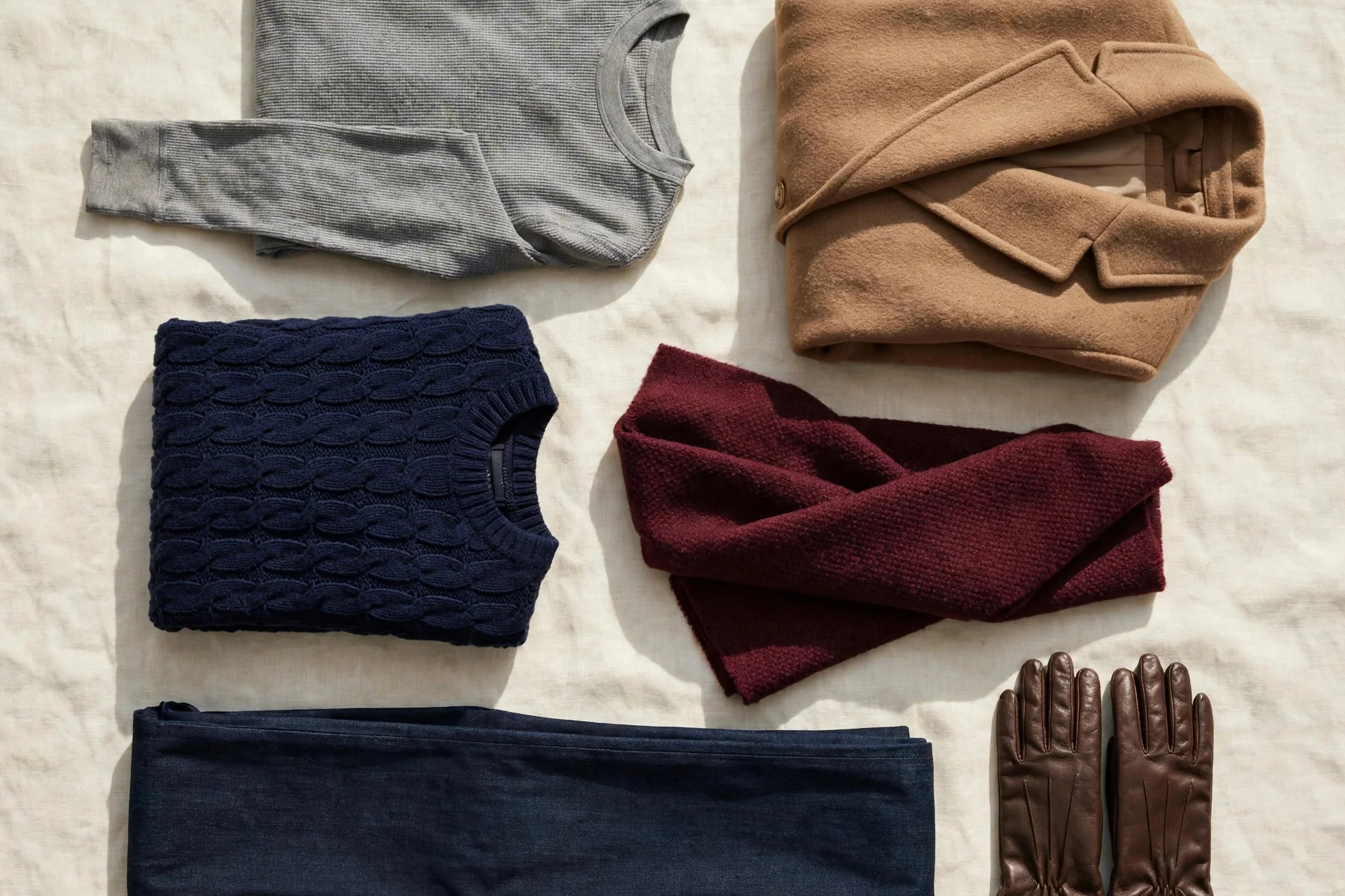 Flat lay showing how to layer clothes: thermal base layer, cable-knit sweater, wool coat, and scarf