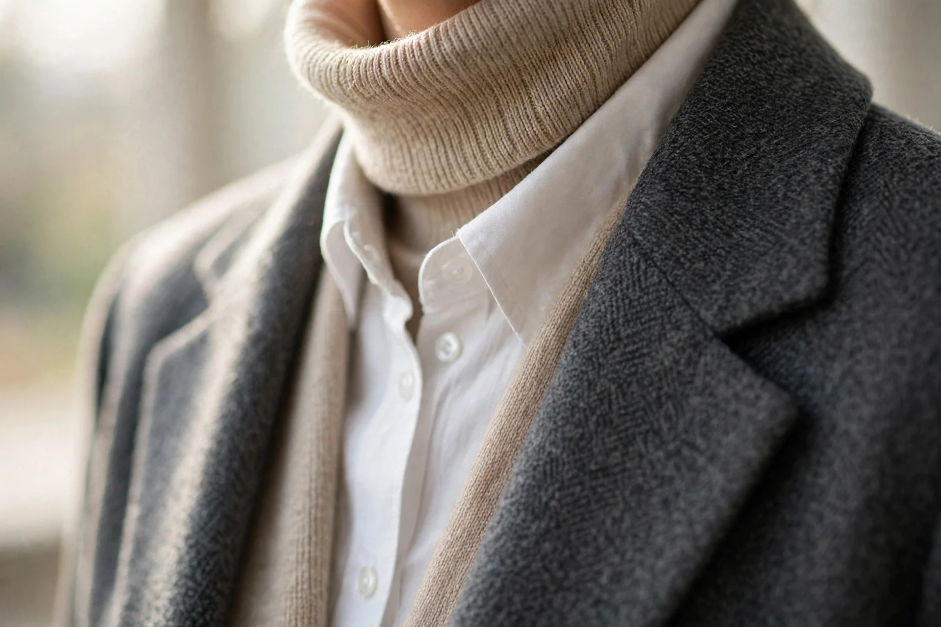 Close-up detail of how to layer clothes at the neckline with a shirt, turtleneck, and blazer