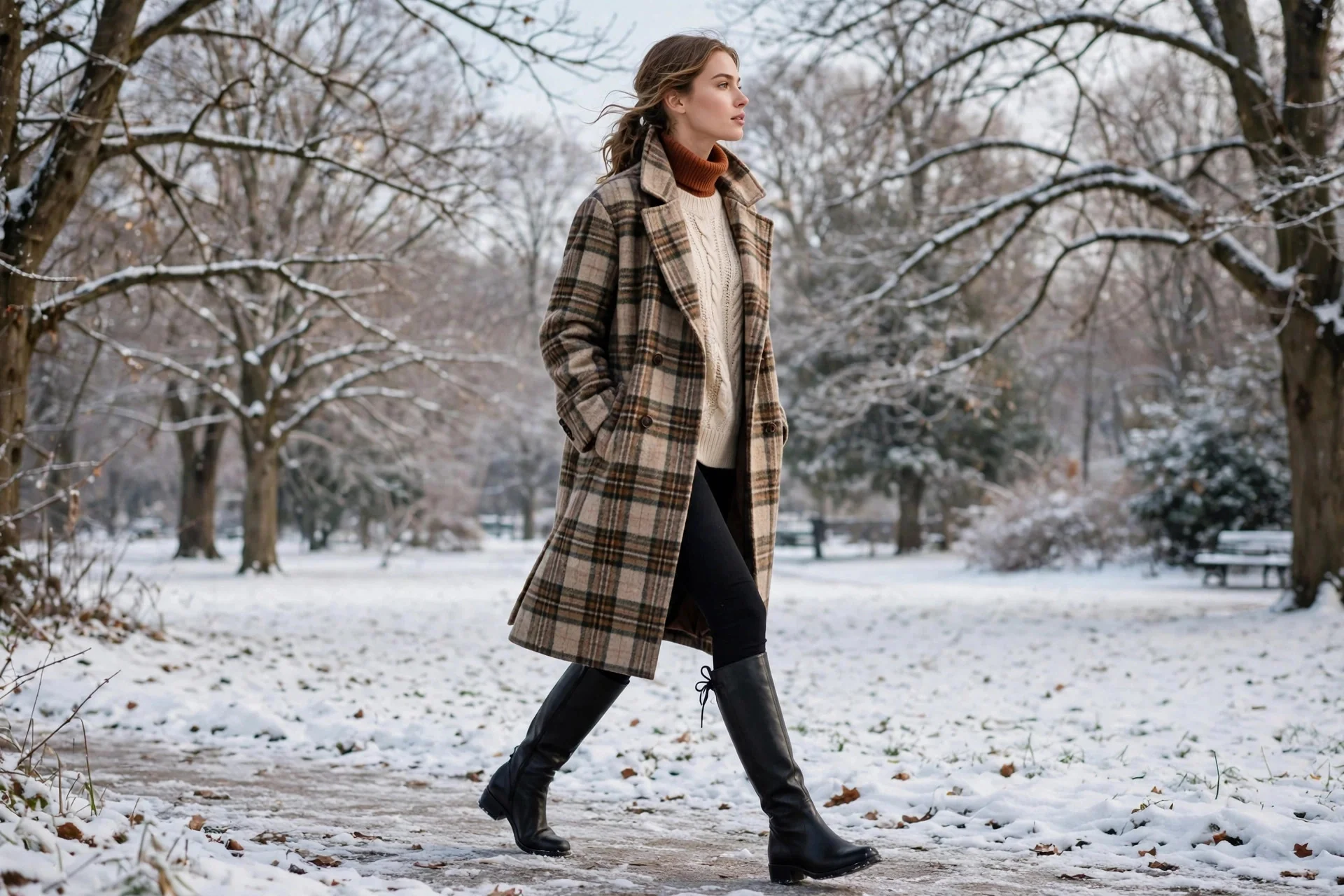 Full winter outfit example of how to layer clothes for cold weather with a plaid coat and boots