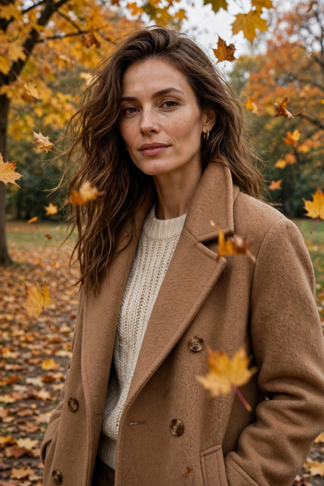 Woman wearing a camel wool coat as the outer layer over a knit sweater for fall