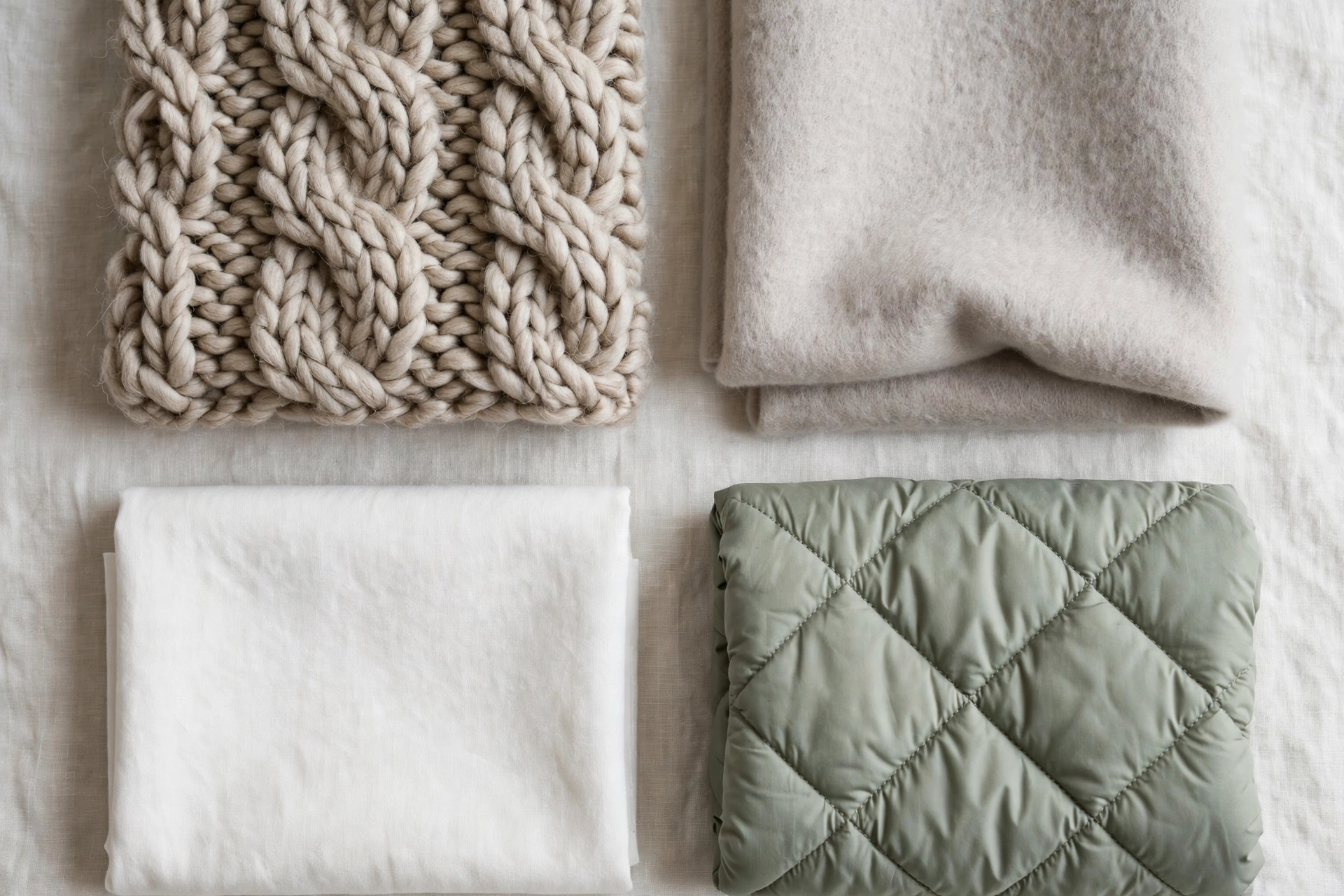 Winter fabric swatches including wool knit, cashmere and quilted down for layering clothes