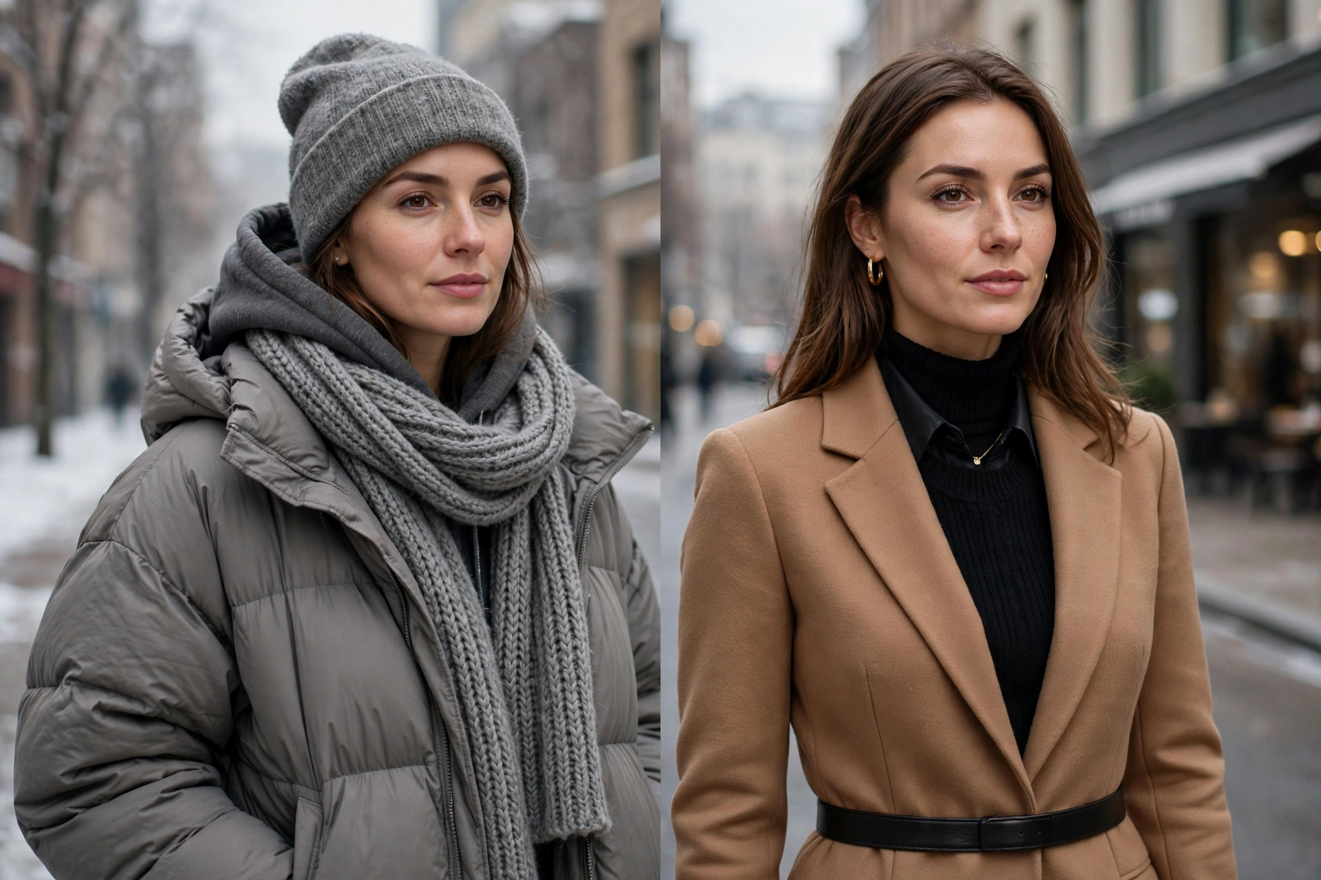 Comparison of bulky shapeless winter layers versus a sleek well-fitted layered outfit