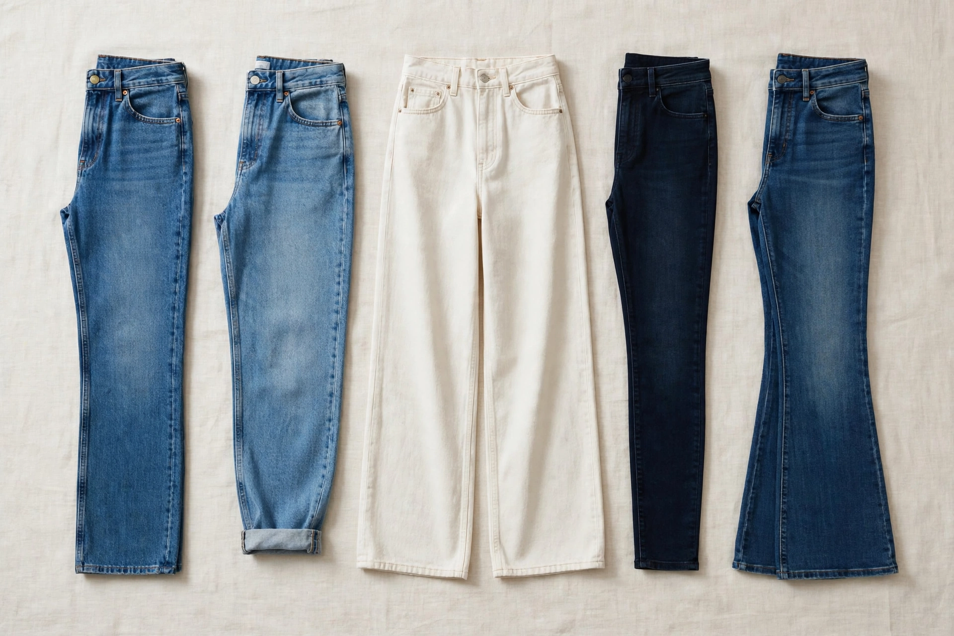 Five pairs of women's jeans in different fits — straight, mom, wide-leg, skinny and bootcut