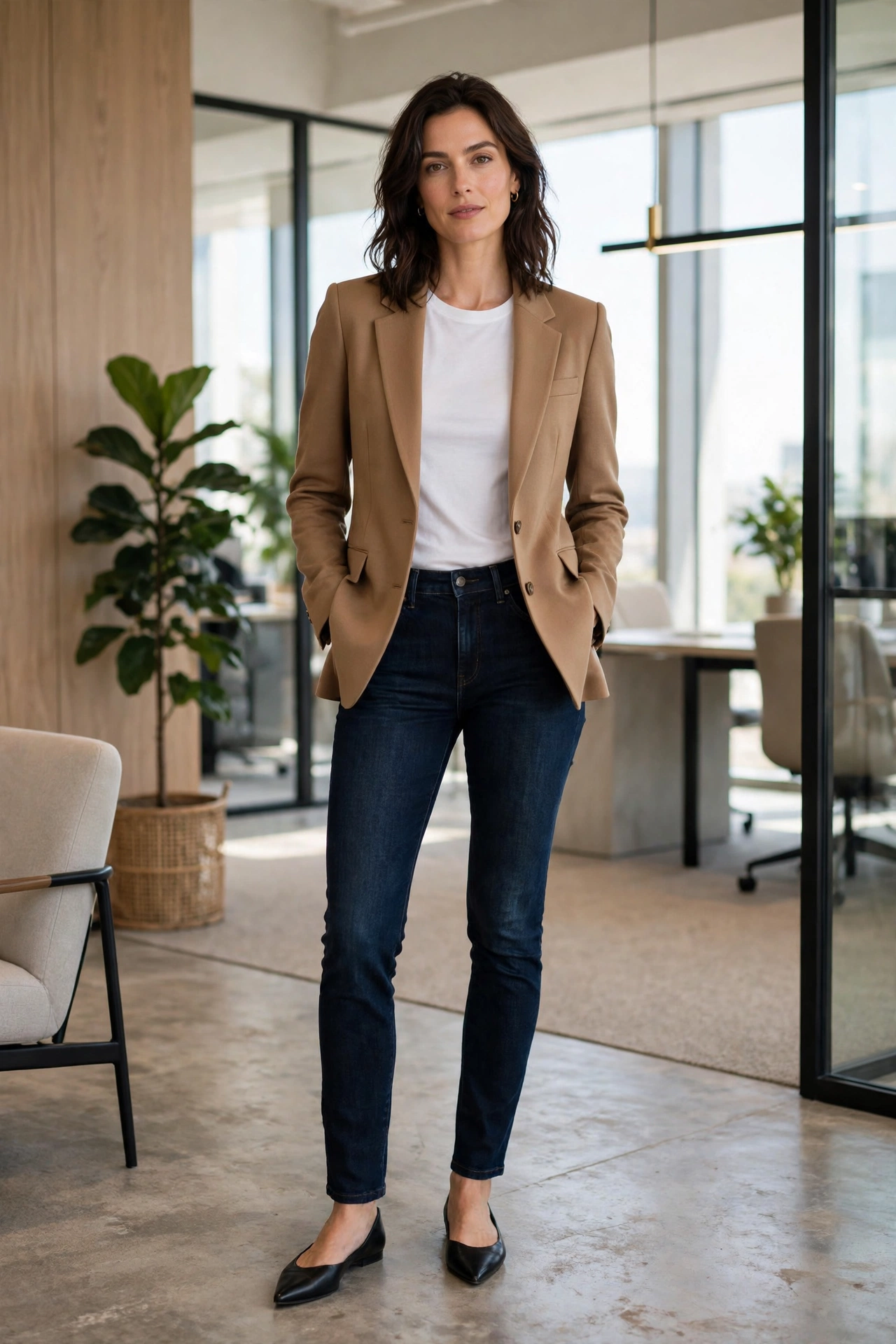 Woman in dark-rinse jeans, camel blazer and pointed flats in a smart casual office outfit