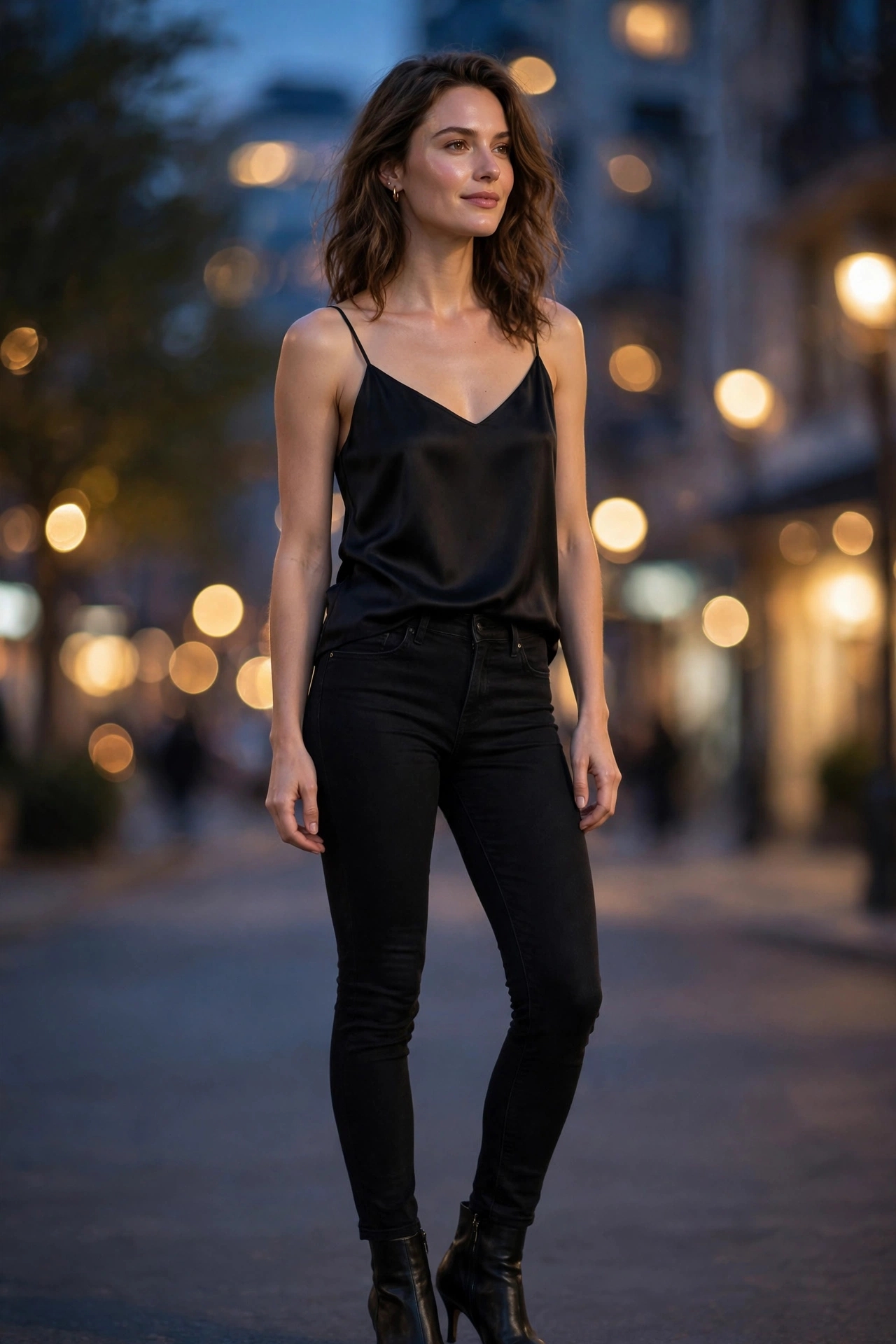 Woman in black skinny jeans, silk camisole and heeled ankle boots for date night