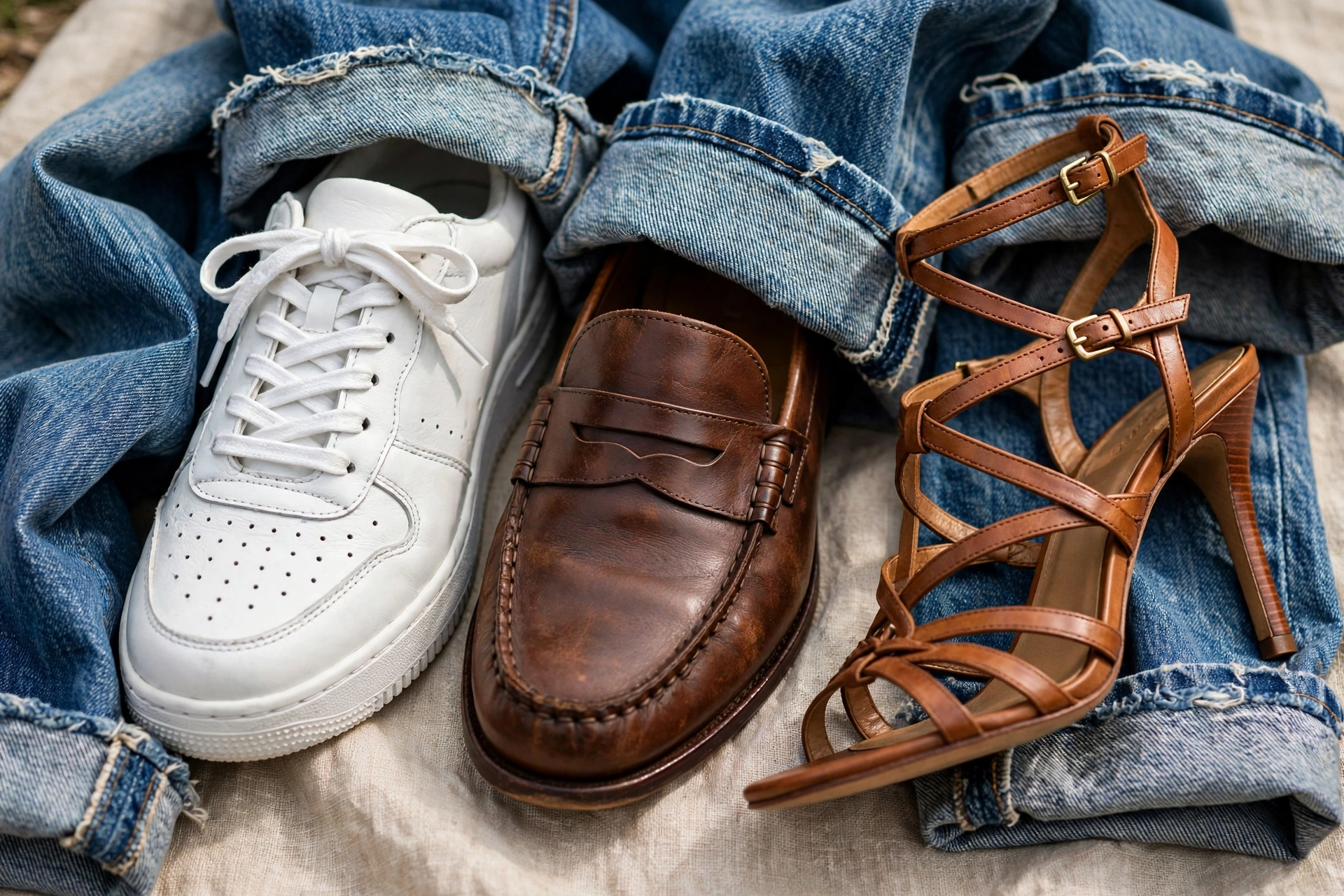 Close-up of sneakers, loafers and heeled sandals paired with cuffed jeans