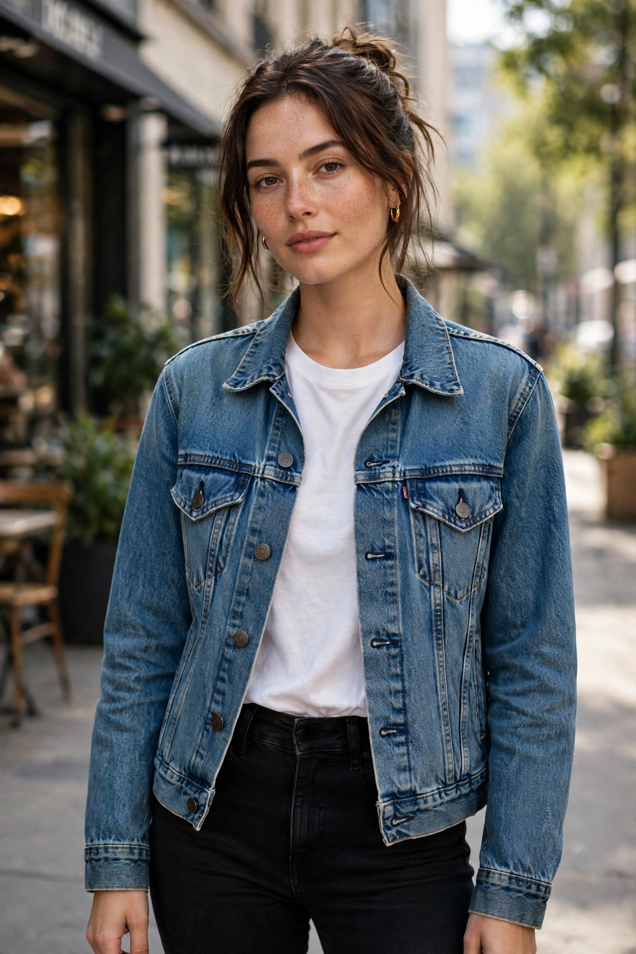 Woman wearing a denim jacket as a third layer over white tee and black jeans
