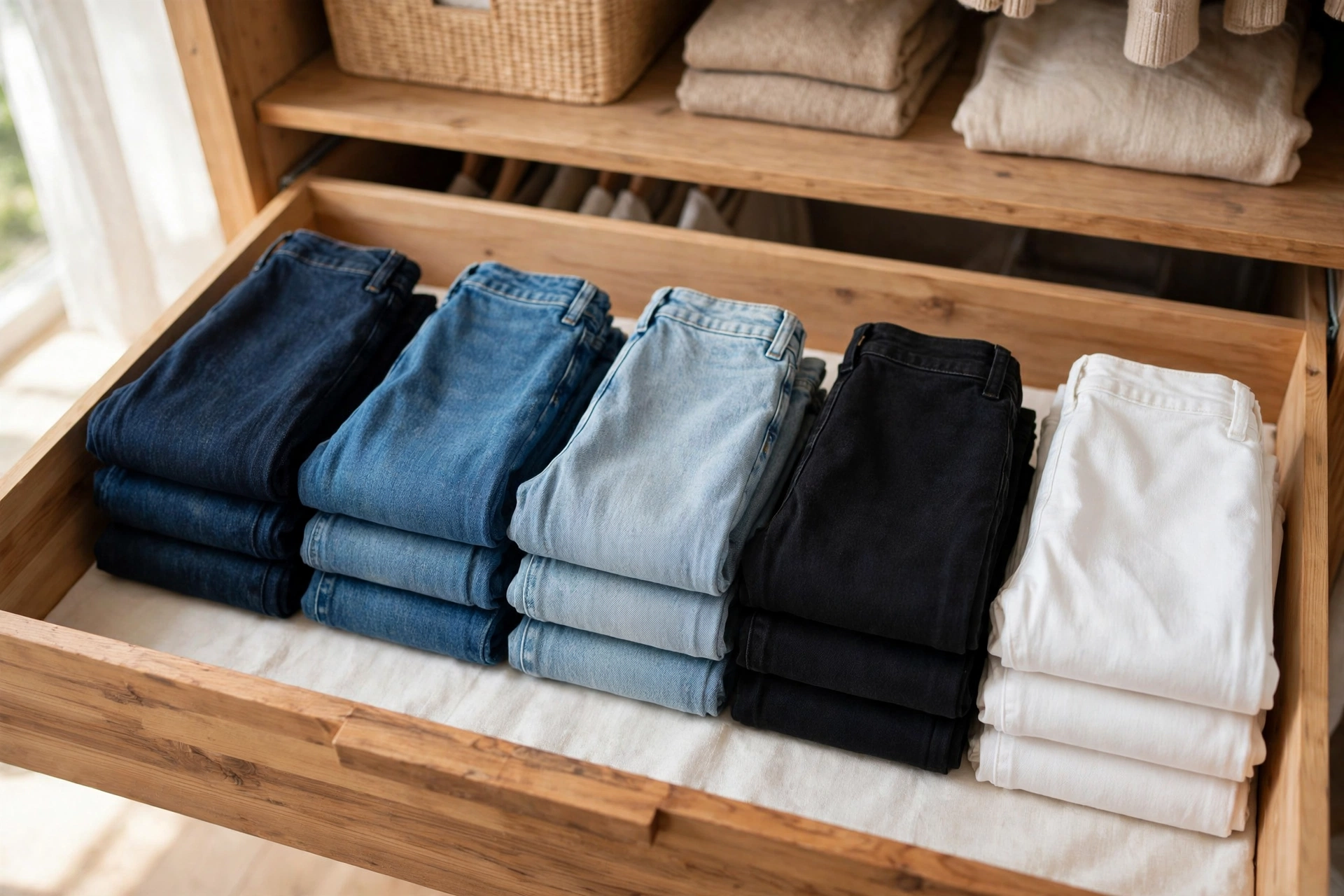 Neatly folded stack of women's jeans in different washes in a dresser drawer