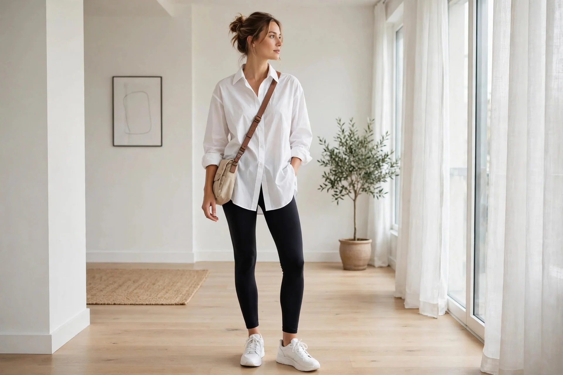 Casual example of how to style oversized clothing with an oversized shirt and leggings