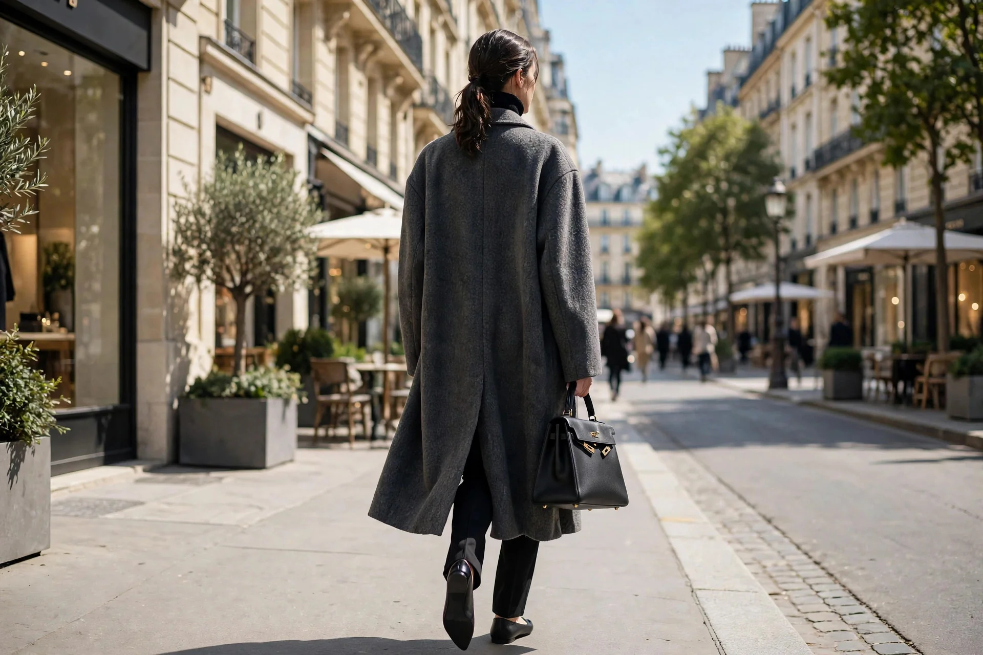 Polished example of how to style oversized clothing with a long oversized coat and turtleneck