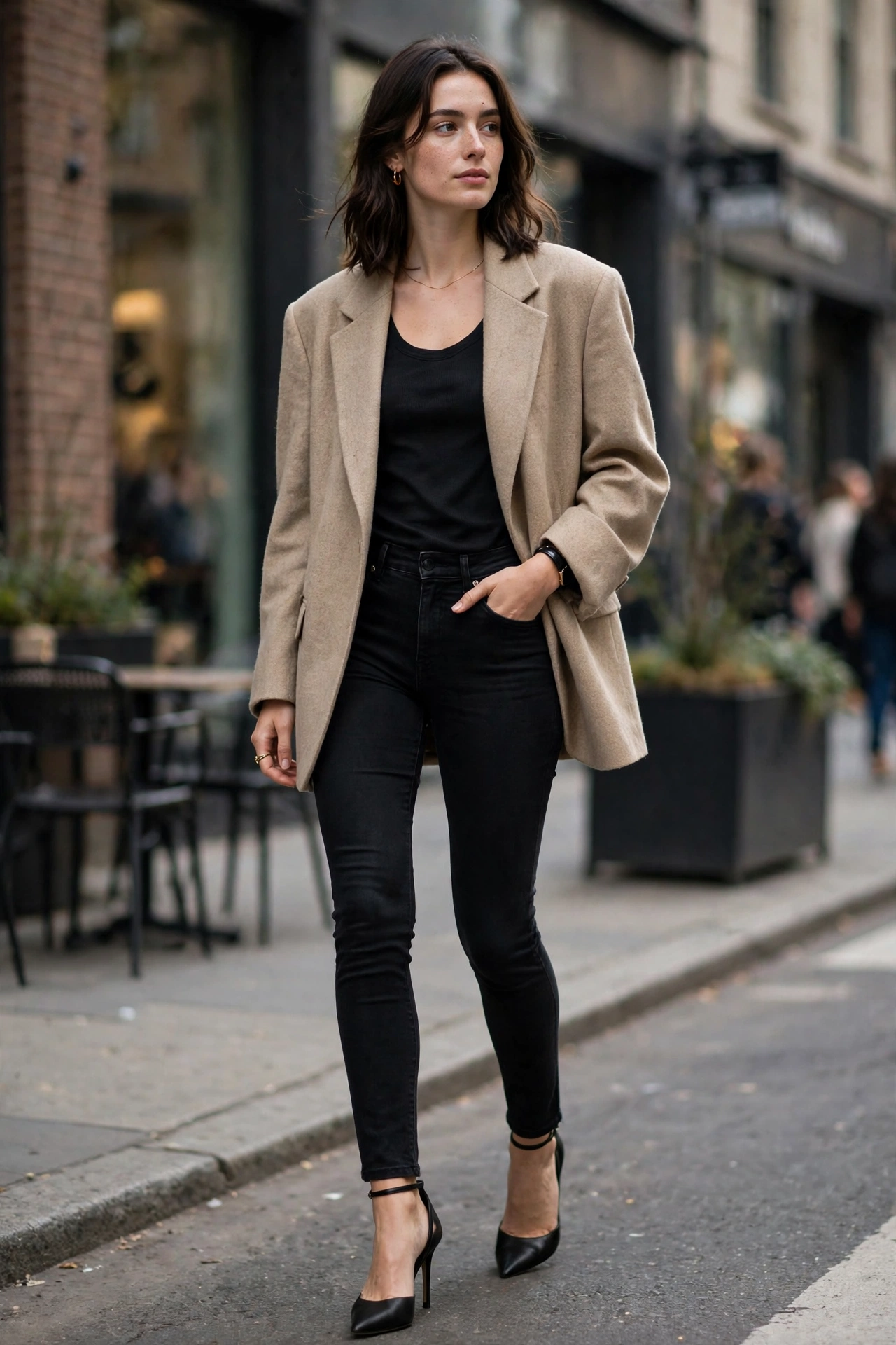 Woman balancing an oversized beige blazer with slim jeans to demonstrate the golden rule of proportion