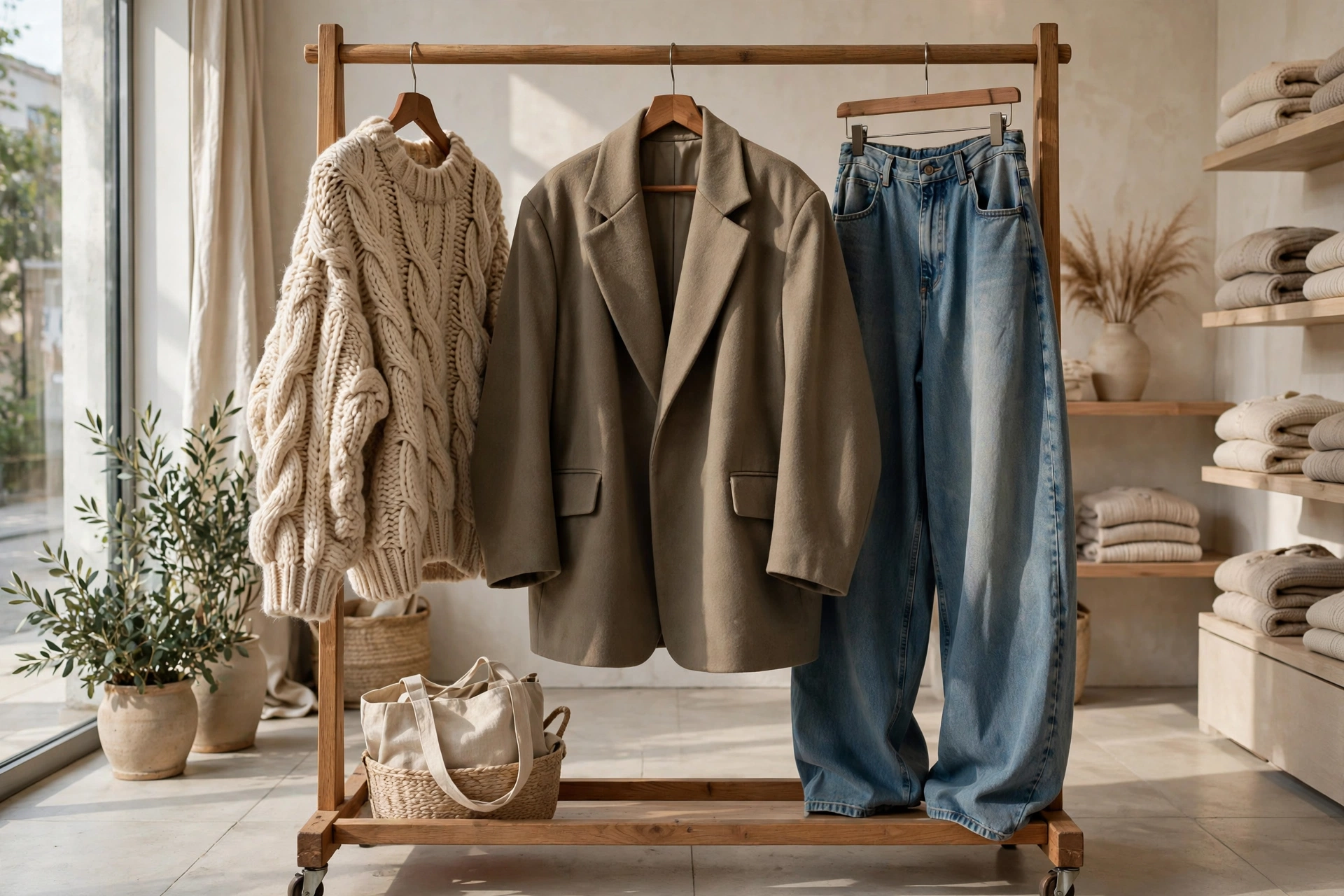 Rack of oversized clothing pieces including a chunky sweater, wide blazer and baggy jeans