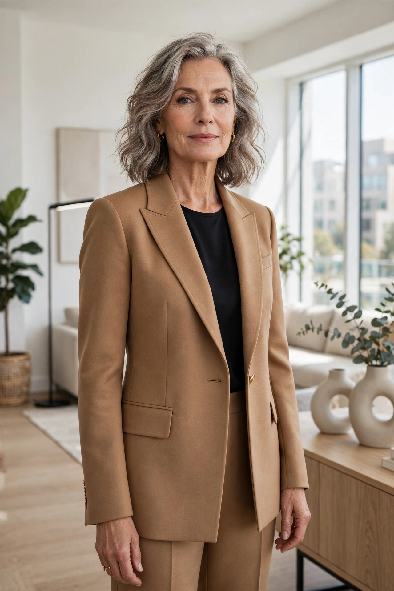 Stylish woman in her 60s wearing a well-fitted camel blazer with perfect shoulder seams