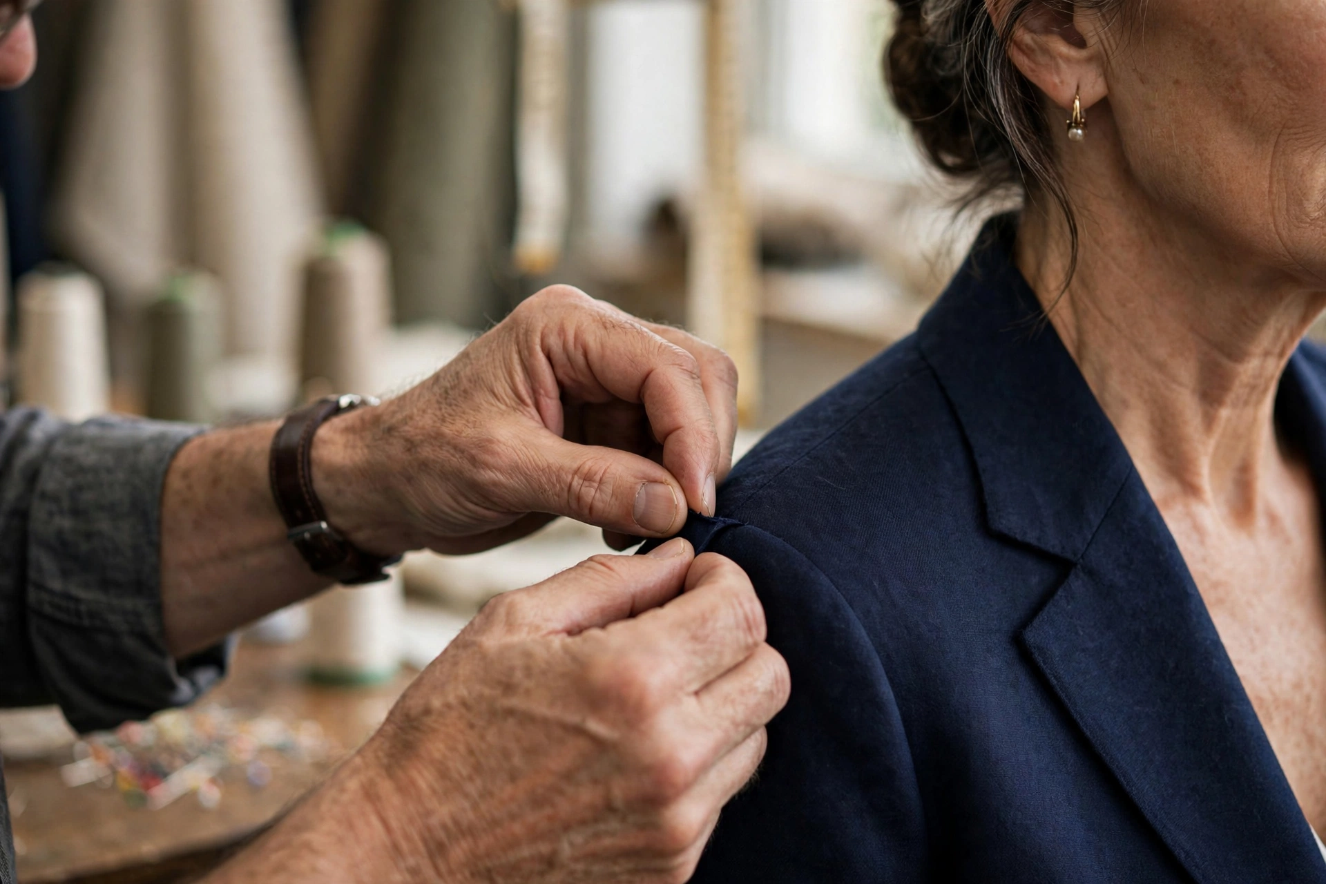 Tailor checking the shoulder fit of a navy blazer on a woman in her 50s