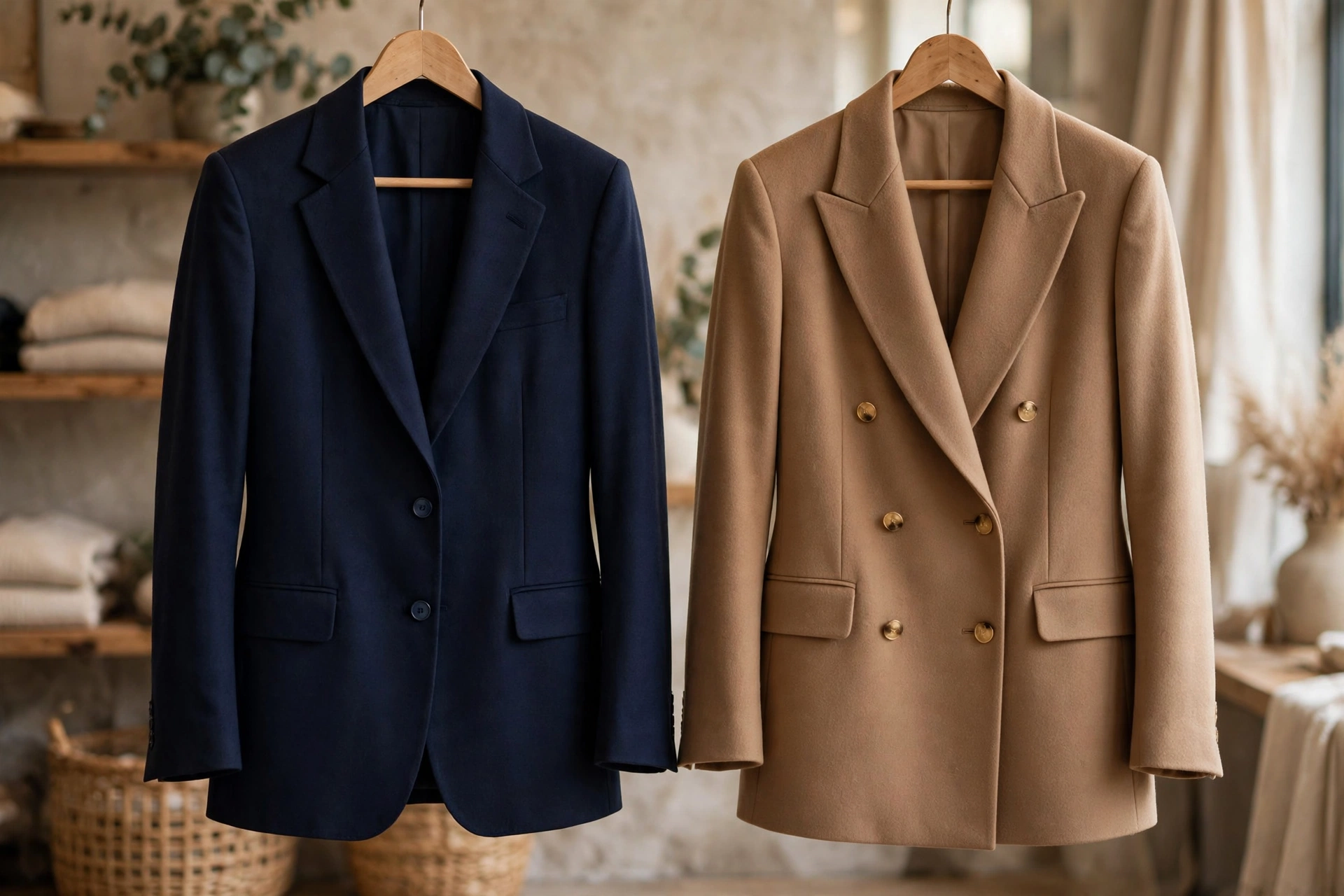 Single-breasted navy blazer and double-breasted camel blazer on hangers in a boutique