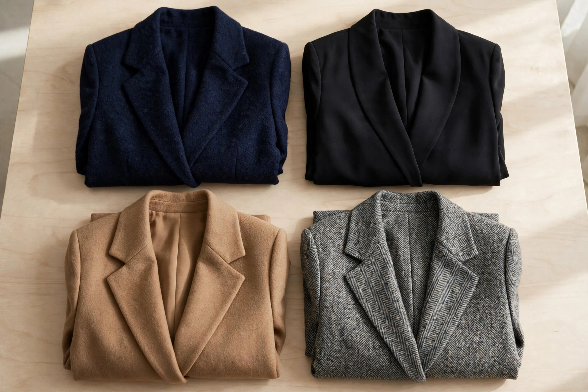 Flat lay of blazers in essential colors: navy, black, camel and grey herringbone tweed
