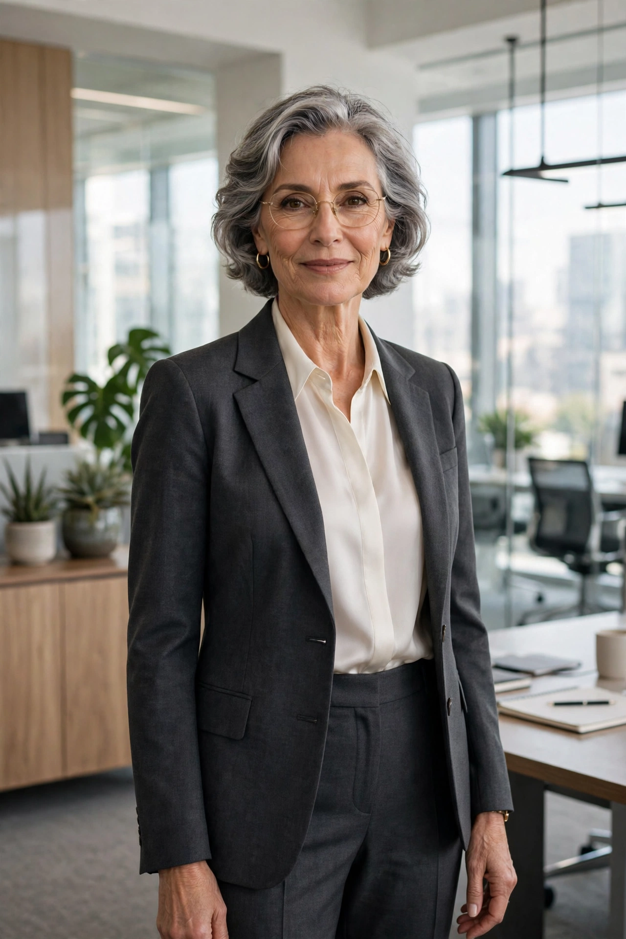 Professional woman in her 60s in a tailored charcoal blazer and ivory silk blouse in an office