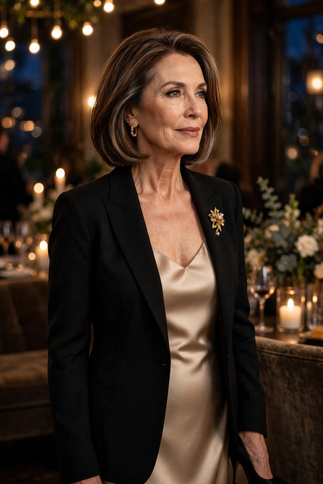 Elegant woman in her late 50s in a black blazer over a champagne slip dress at an evening event