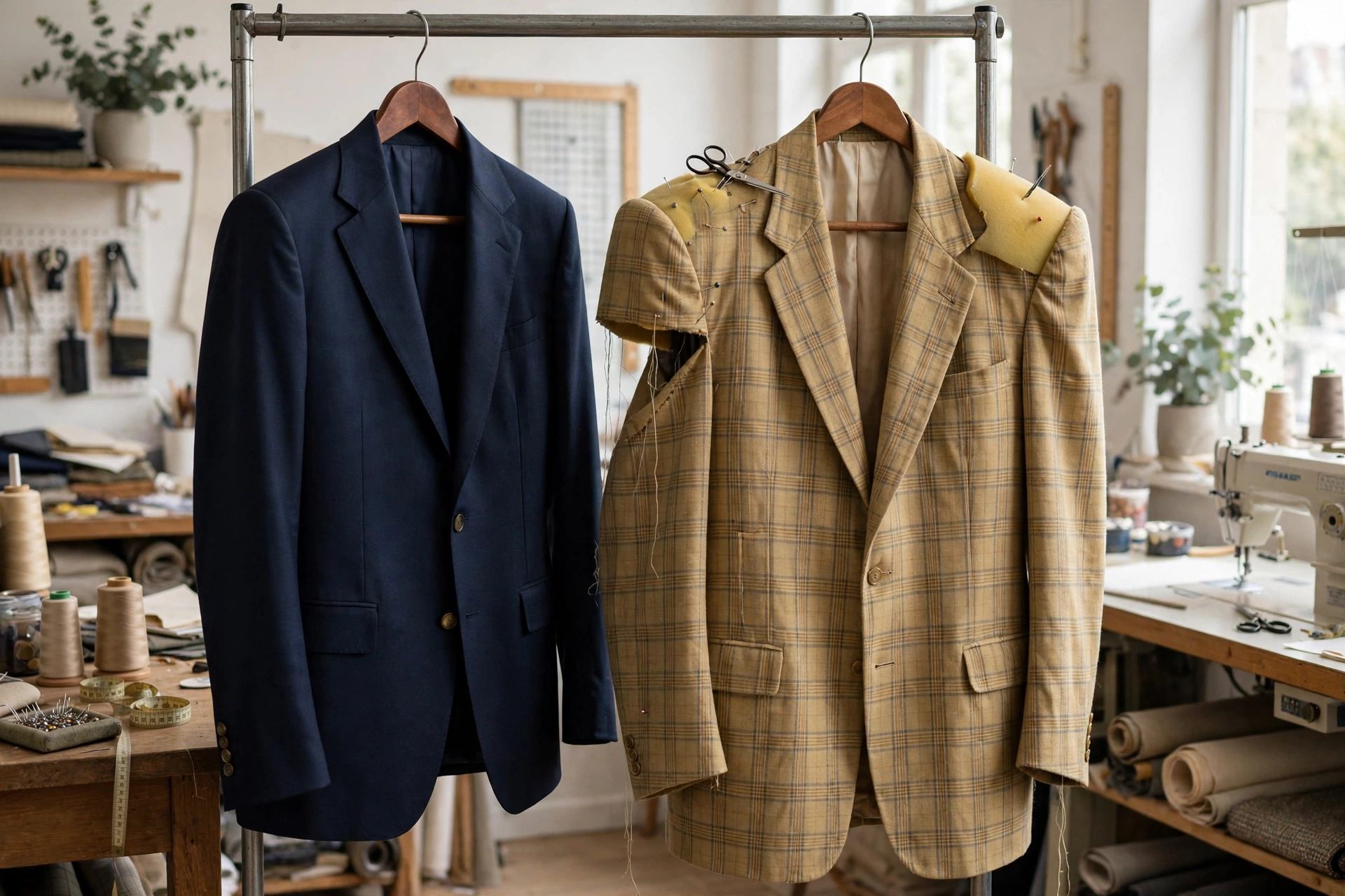 Tailor's rack with a modern fitted blazer beside an outdated oversized 1980s blazer being removed