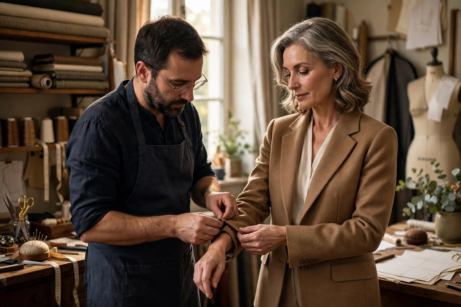 Tailor adjusting the sleeve of a camel blazer on a poised woman in her 50s in an atelier