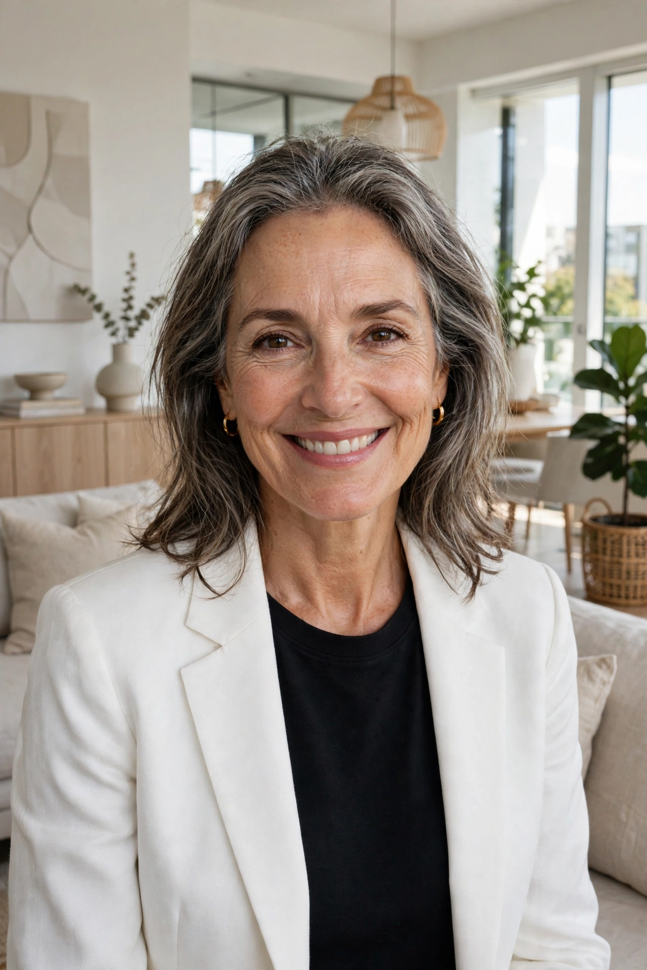Stylish woman in her 60s wearing a white blazer, smiling confidently