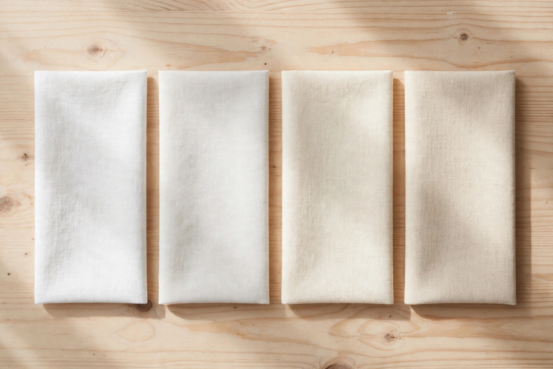 Fabric swatches in different white shades — bright white, soft white, ivory and cream