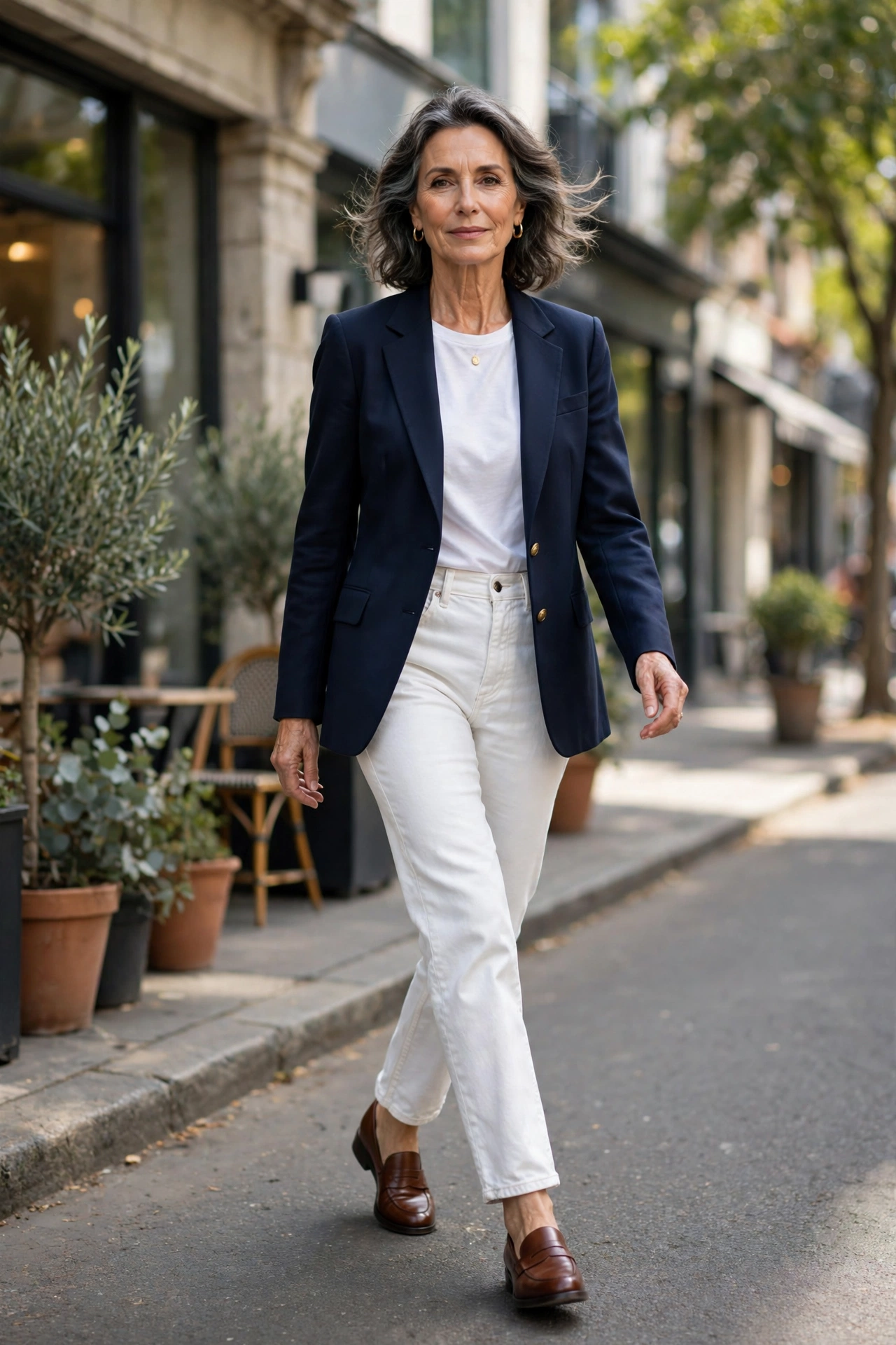 Mature woman in white jeans, navy blazer and loafers in a casual street-style outfit